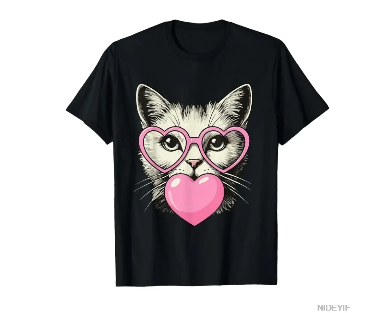 Sevimli Kedi Pembe Sevgililer Günü Kalp Sakız Üfleyen Tişört Erkekler Kadınlar Için % 100% Pa