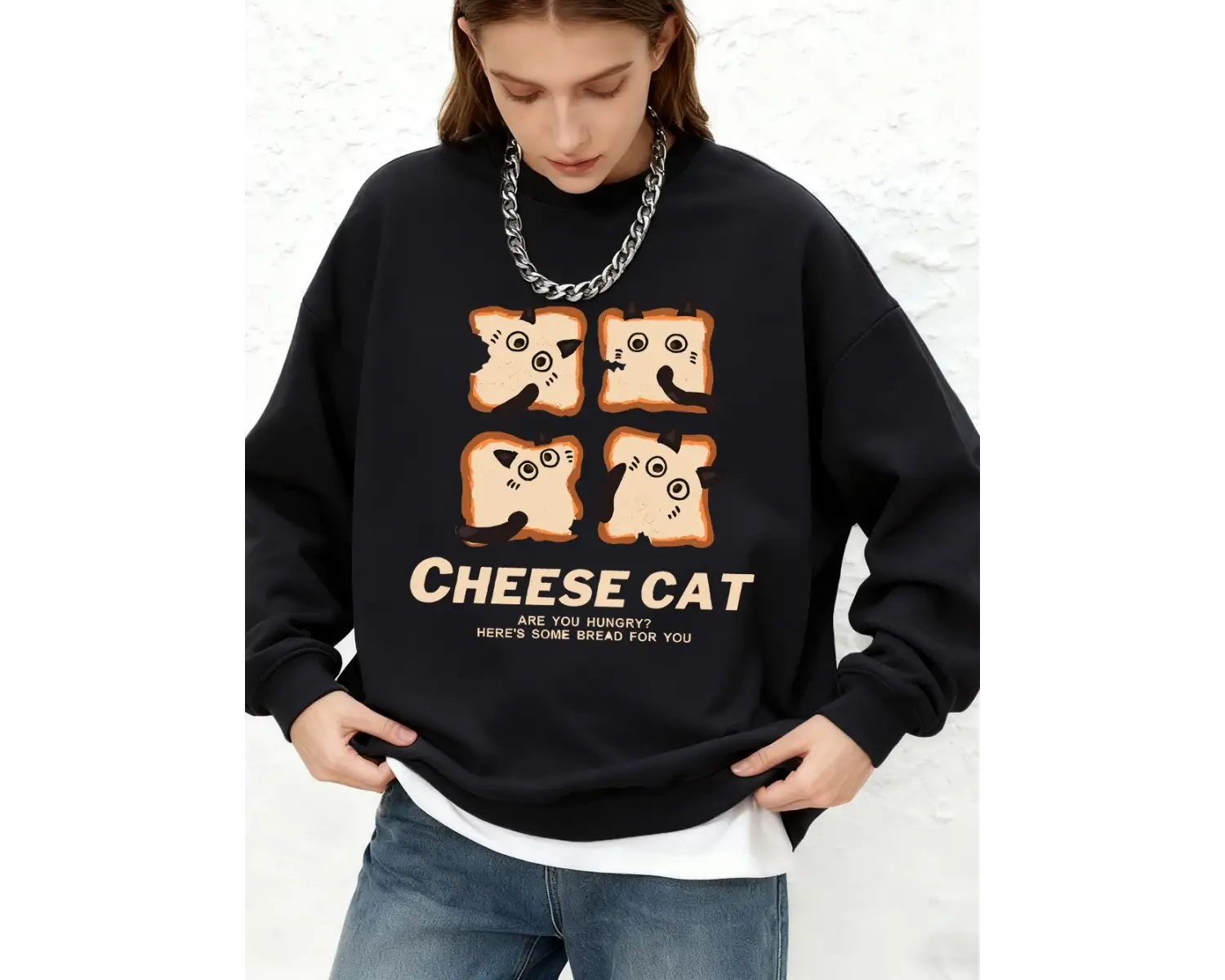 Sevimli Peynirli Ekmek Kedi Baskılı Kapüşonlu Üstler Kadınlar İçin Kışlık Jogger Sıcak Sweats