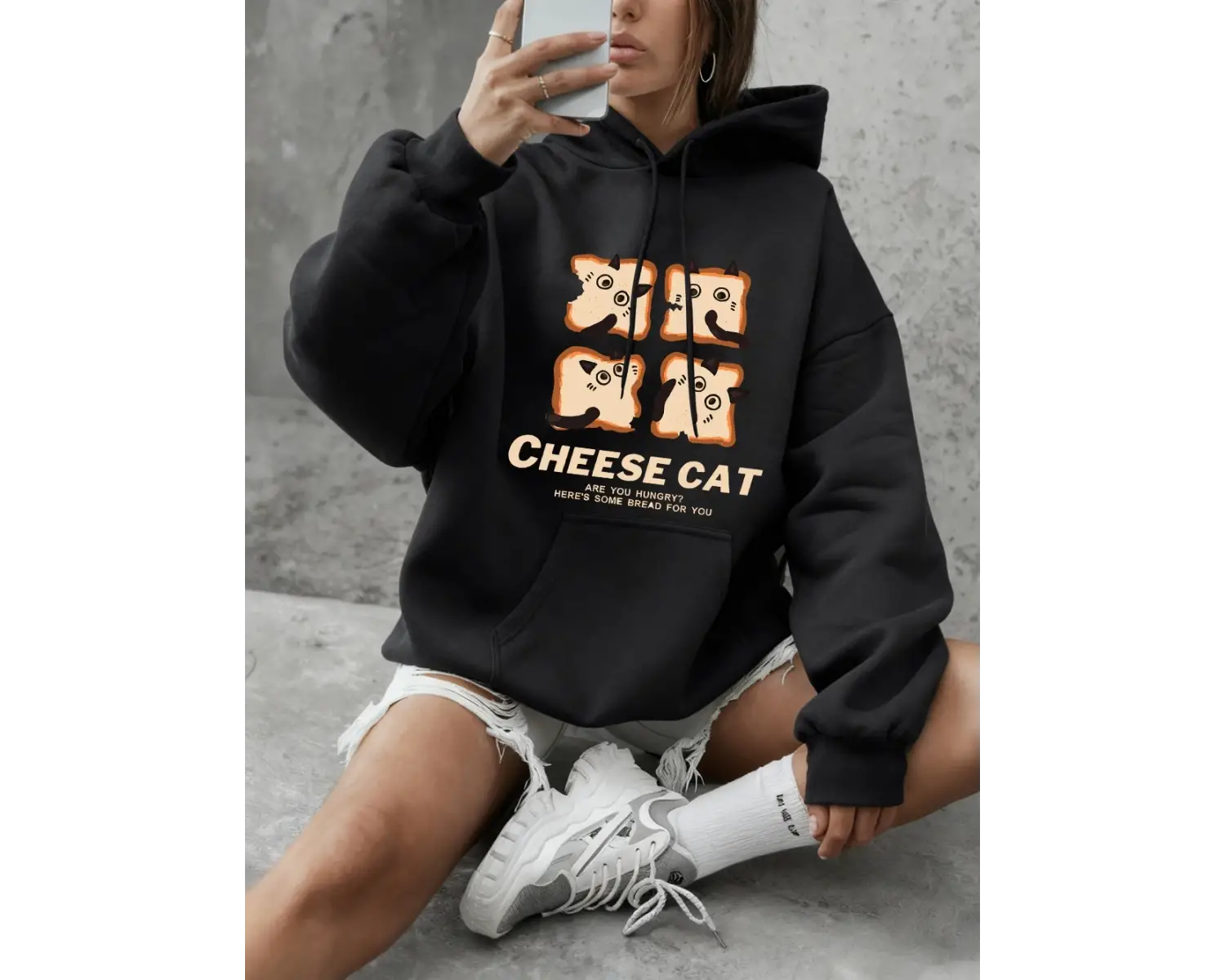 Sevimli Peynirli Ekmek Kedi Baskılı Tişörtü Kadın Kış Polar Sıcak Kapüşonlular Temel Crewneck