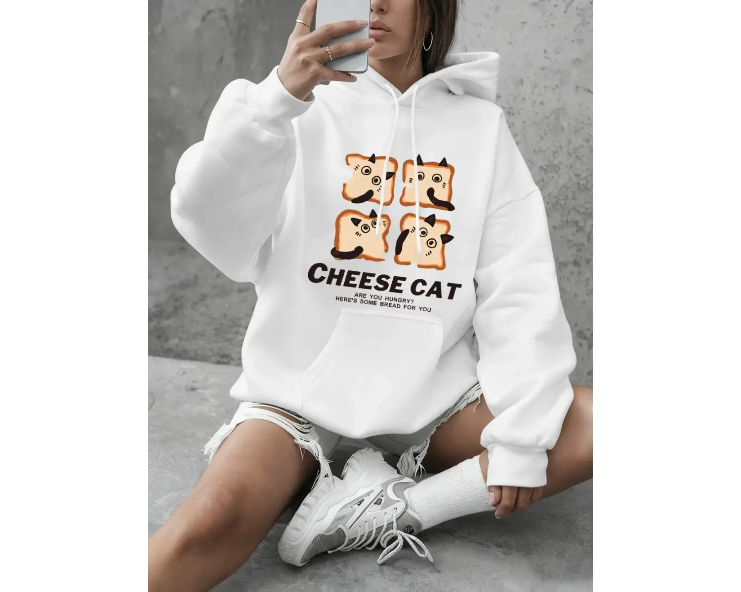 Sevimli Peynirli Ekmek Kedi Baskılı Tişörtü Kadın Kış Polar Sıcak Kapüşonlular Temel Crewneck