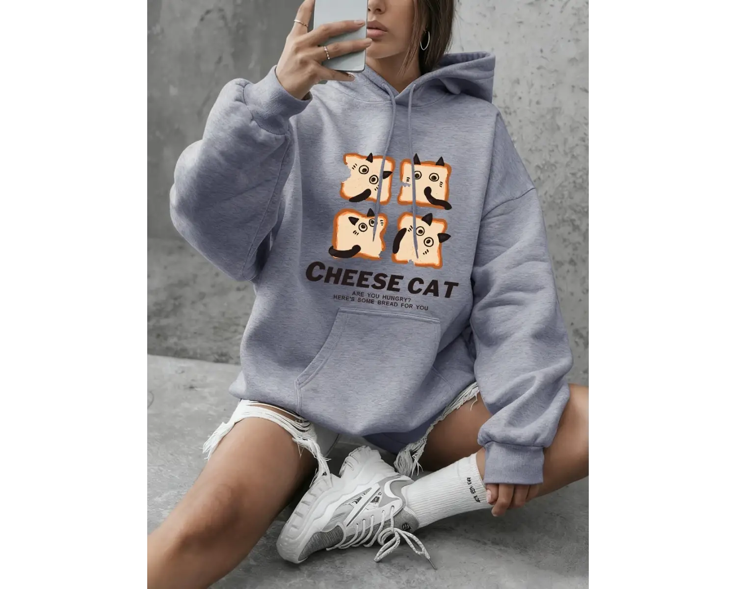 Sevimli Peynirli Ekmek Kedi Baskılı Tişörtü Kadın Kış Polar Sıcak Kapüşonlular Temel Crewneck