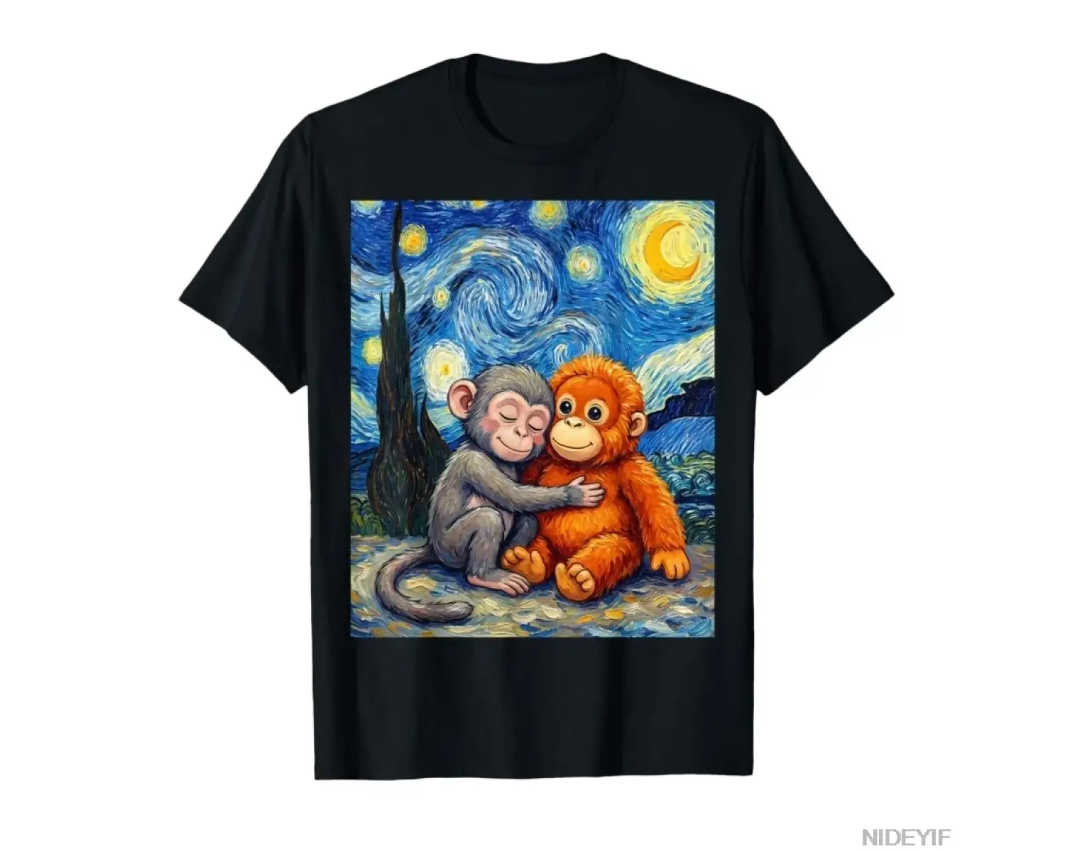 Sevimli Yumruk Bebek Maymun Sarılma Peluş Hayvan Meme Van Gogh Erkek Kadın Tişörtü %100 Pamuk