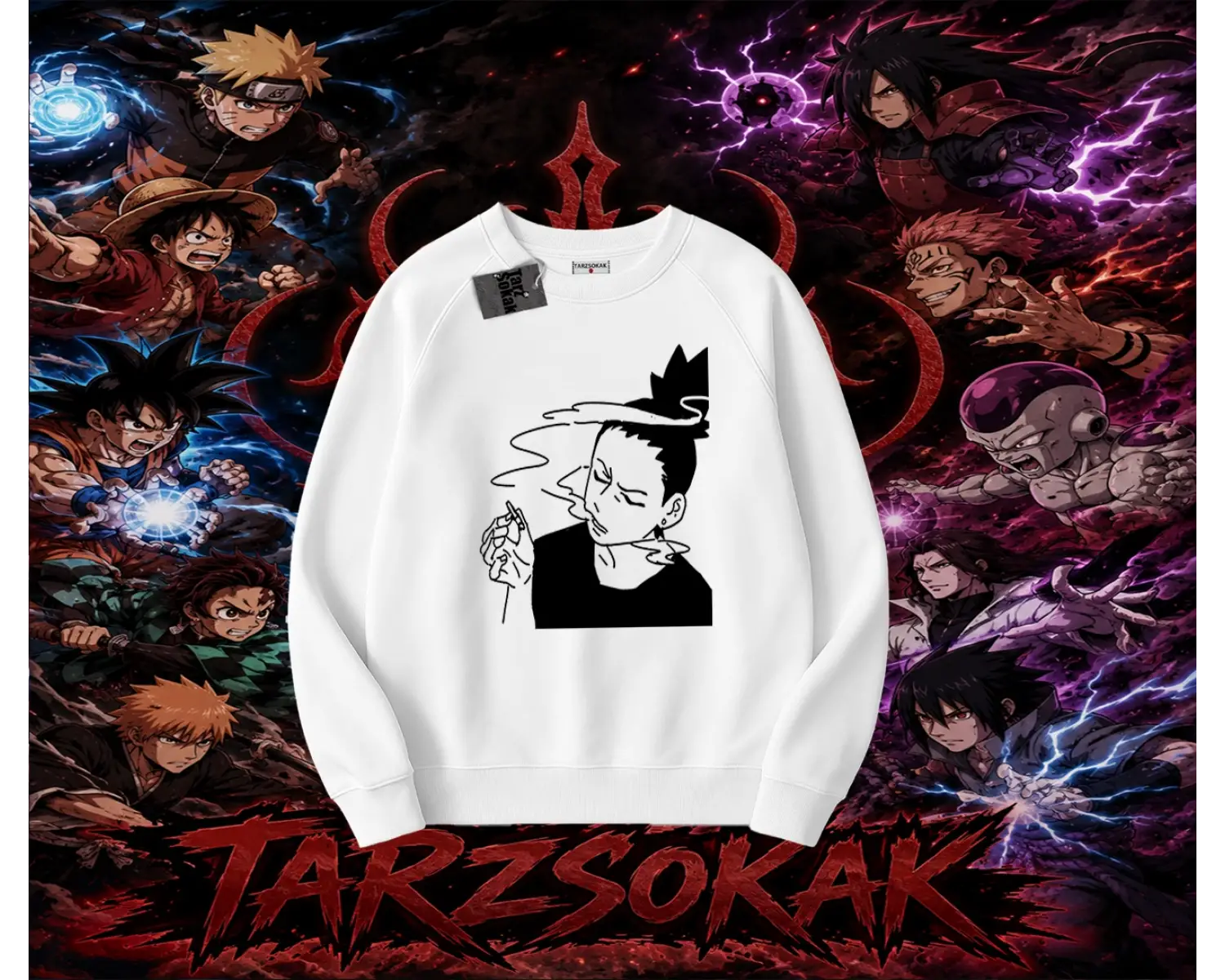 Shikamaru Nara Naruto Anime Karakter Oversize Unisex Bisiklet Yaka Sweatshirt Beyaz