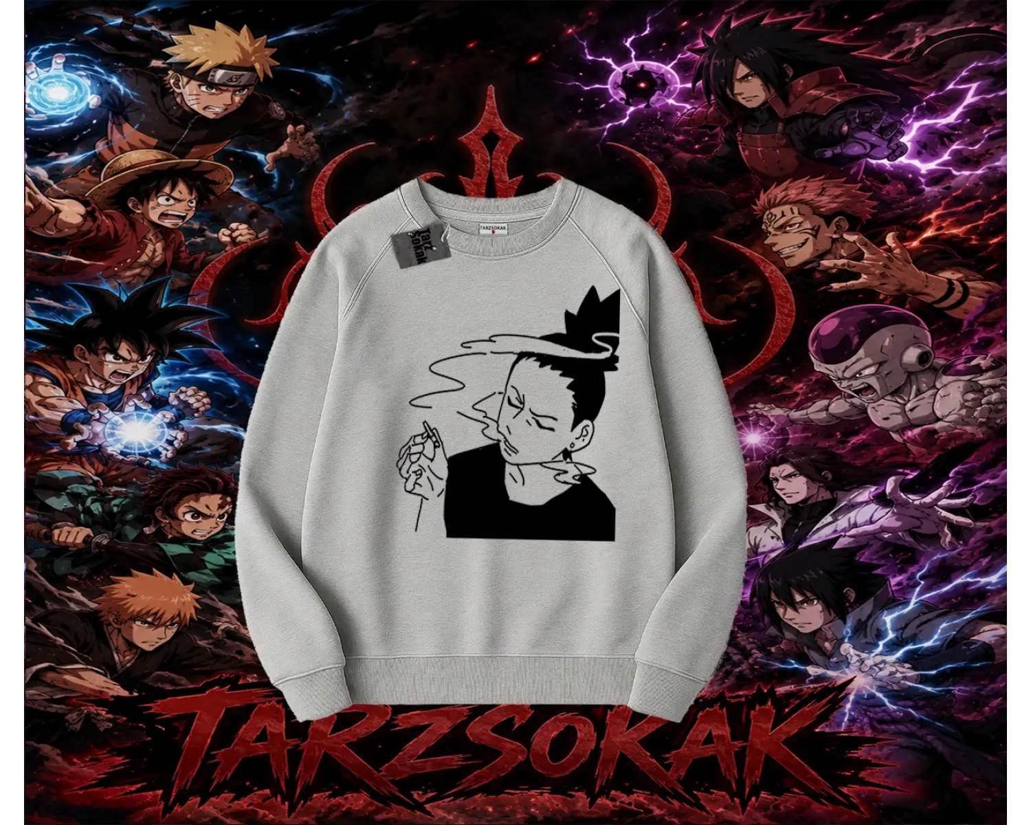 Shikamaru Nara Naruto Anime Karakter Oversize Unisex Bisiklet Yaka Sweatshirt Beyaz