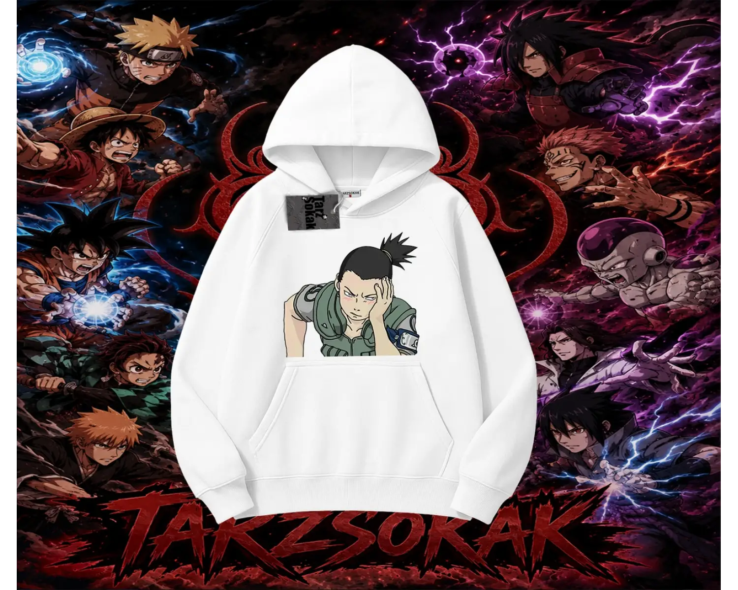 Shikamaru Nara Naruto Anime Karakter Oversize Unisex Kapşonlu Sweatshirt Beyaz