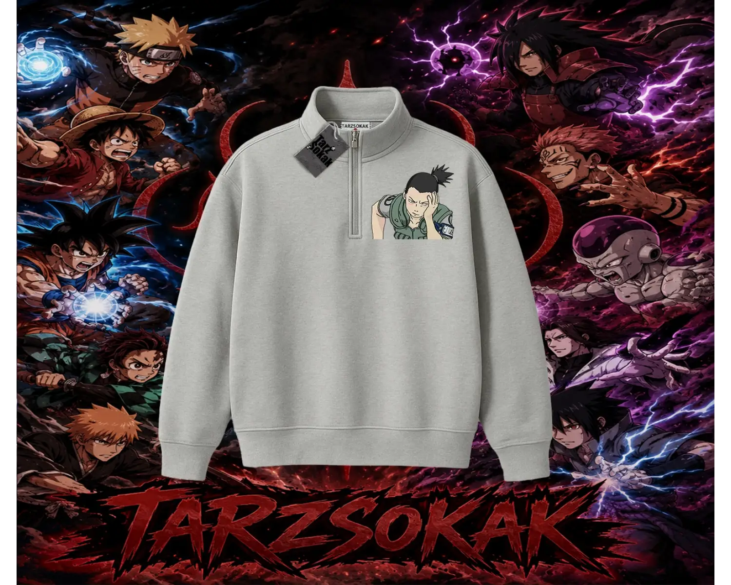 Shikamaru Nara Naruto Anime Karakter Unisex Polo Yaka Yarım Fermuarlı Sweatshirt Beyaz