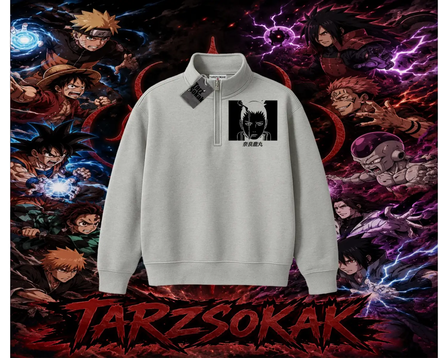 Shikamaru Nara Naruto Anime Karakter Unisex Polo Yaka Yarım Fermuarlı Sweatshirt Beyaz