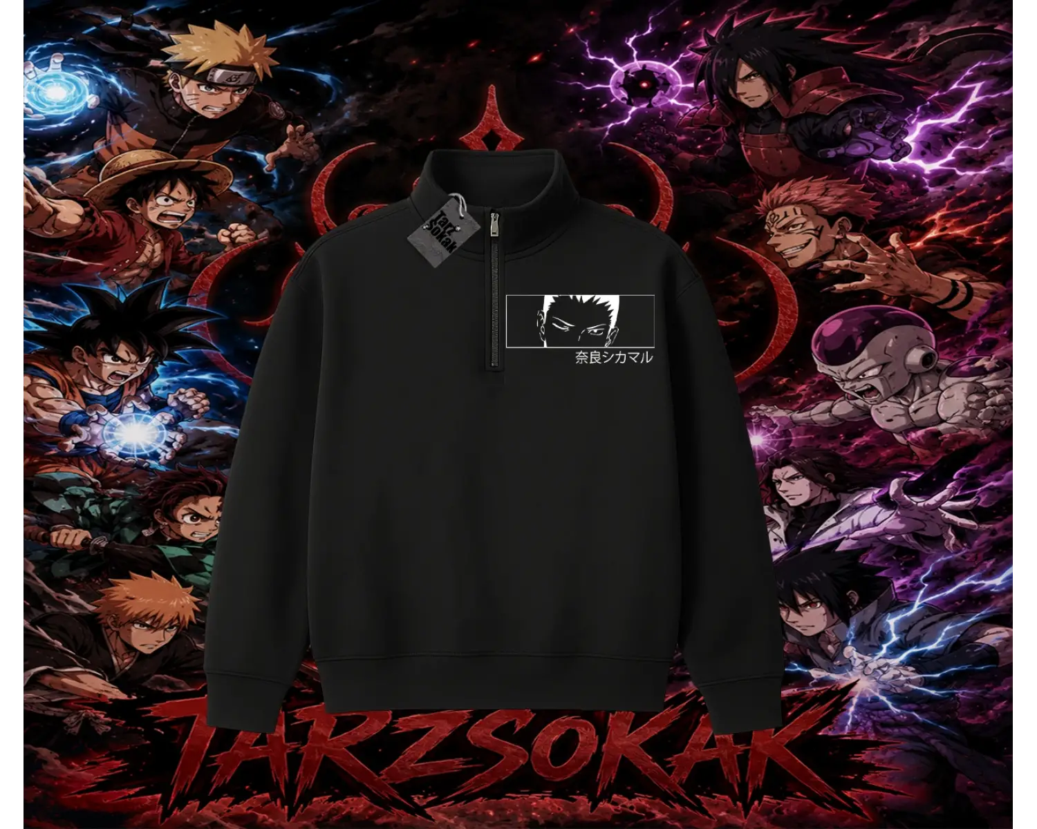 Shikamaru Nara Naruto Anime Karakter Unisex Polo Yaka Yarım Fermuarlı Sweatshirt Beyaz