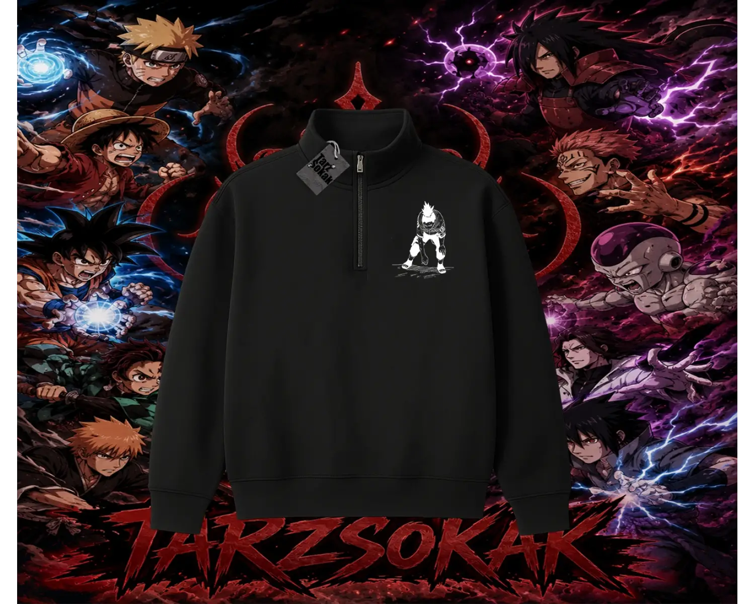 Shikamaru Nara Naruto Anime Karakter Unisex Polo Yaka Yarım Fermuarlı Sweatshirt Beyaz