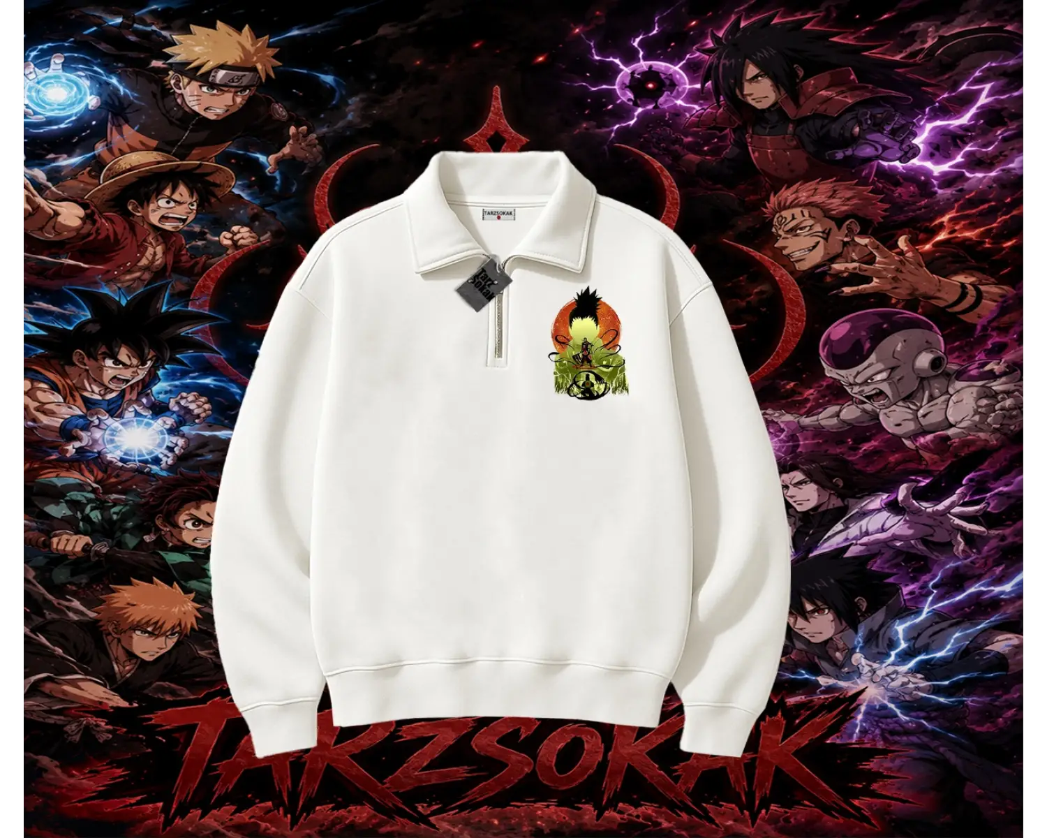 Shikamaru Nara Naruto Anime Karakter Unisex Polo Yaka Yarım Fermuarlı Sweatshirt Beyaz
