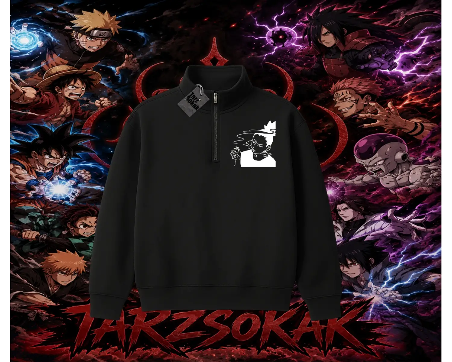 Shikamaru Nara Naruto Anime Karakter Unisex Polo Yaka Yarım Fermuarlı Sweatshirt Beyaz
