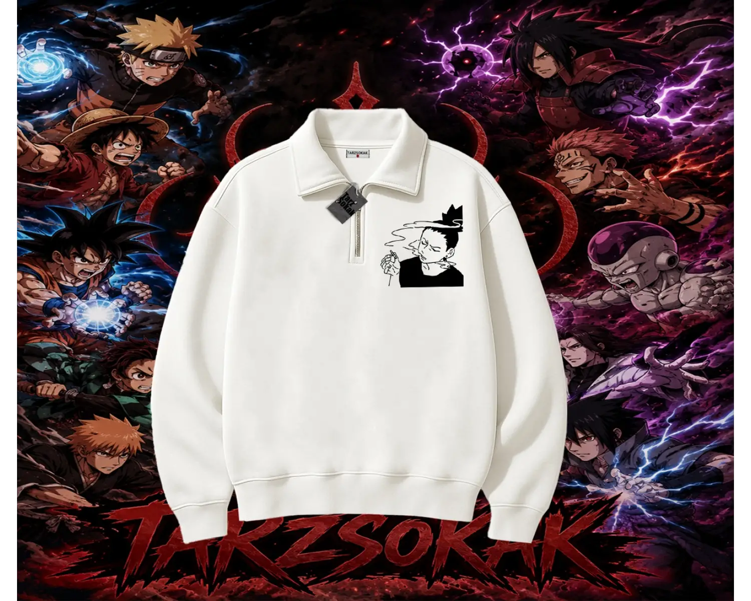 Shikamaru Nara Naruto Anime Karakter Unisex Polo Yaka Yarım Fermuarlı Sweatshirt Beyaz