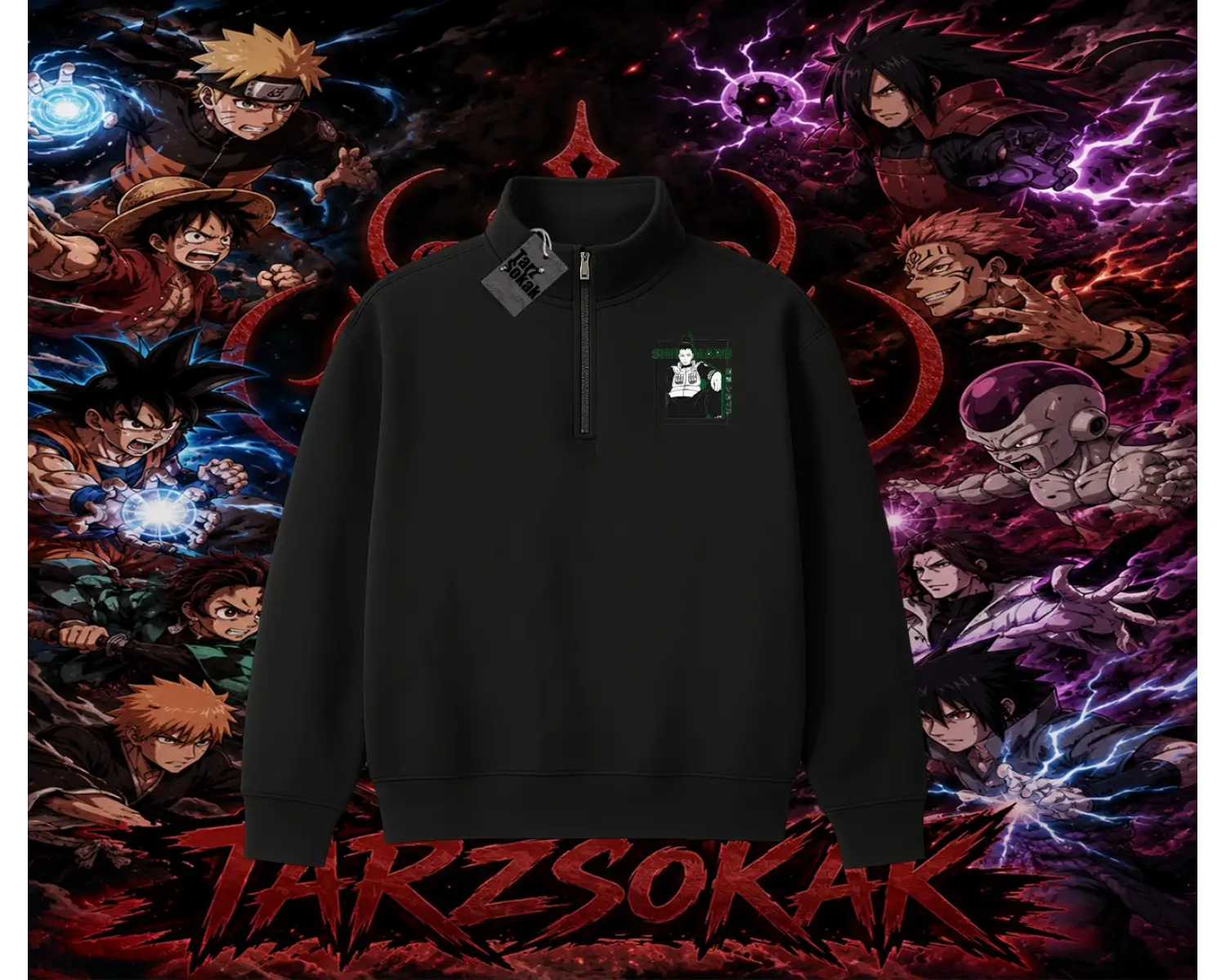 Shikamaru Nara Naruto Anime Karakter Unisex Polo Yaka Yarım Fermuarlı Sweatshirt Beyaz