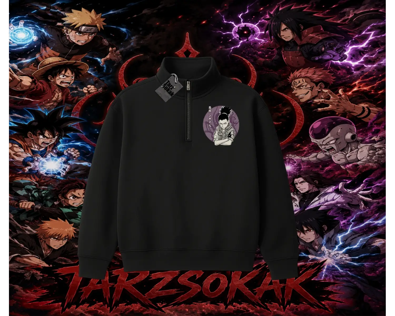 Shikamaru Nara Naruto Anime Karakter Unisex Polo Yaka Yarım Fermuarlı Sweatshirt Beyaz