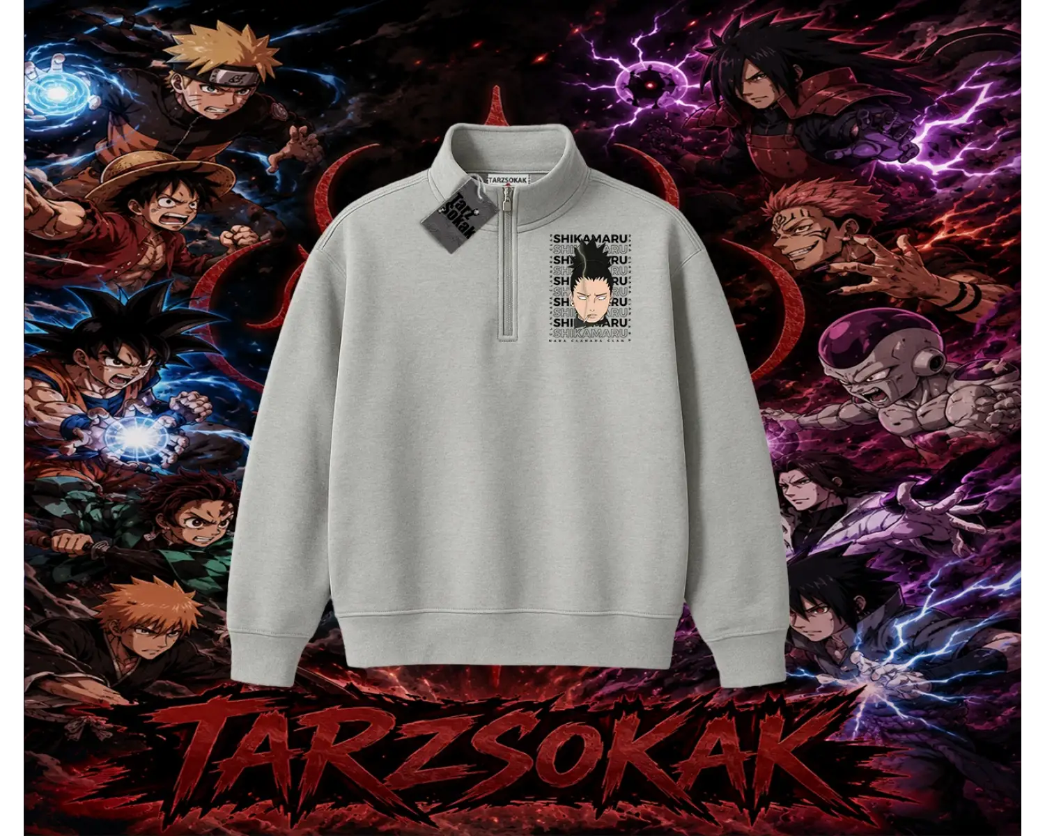 Shikamaru Nara Naruto Anime Karakter Unisex Polo Yaka Yarım Fermuarlı Sweatshirt Beyaz