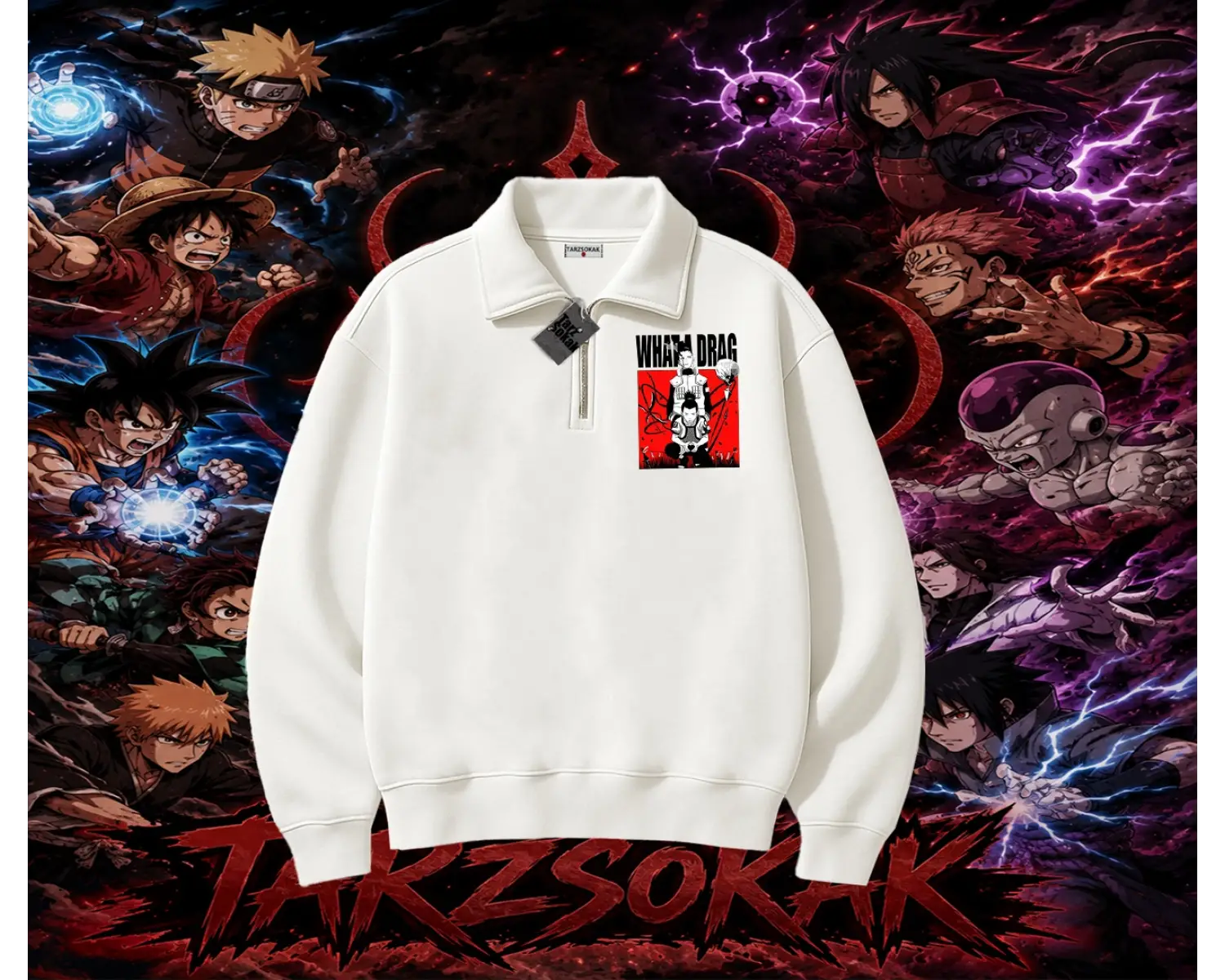 Shikamaru Nara Naruto Anime Karakter Unisex Polo Yaka Yarım Fermuarlı Sweatshirt Beyaz