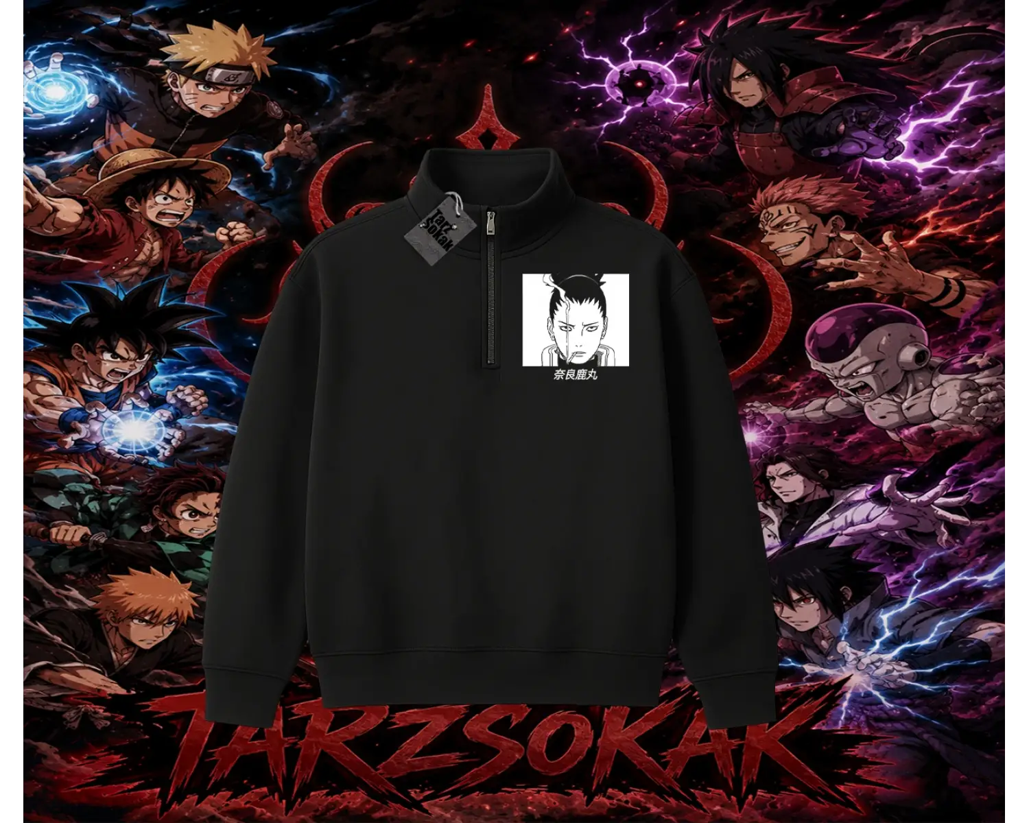 Shikamaru Nara Naruto Anime Karakter Unisex Polo Yaka Yarım Fermuarlı Sweatshirt Beyaz