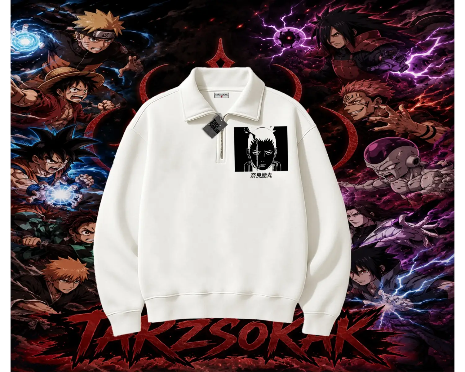 Shikamaru Nara Naruto Anime Karakter Unisex Polo Yaka Yarım Fermuarlı Sweatshirt Beyaz