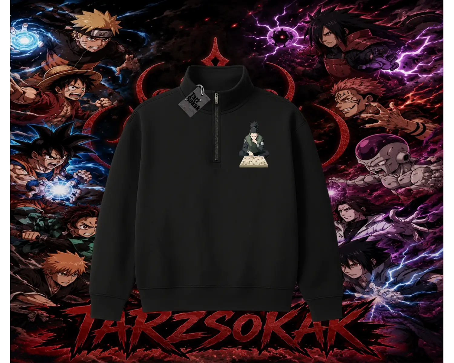 Shikamaru Nara Naruto Anime Karakter Unisex Polo Yaka Yarım Fermuarlı Sweatshirt Beyaz