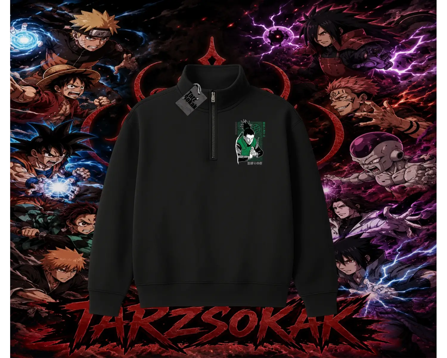 Shikamaru Nara Naruto Anime Karakter Unisex Polo Yaka Yarım Fermuarlı Sweatshirt Beyaz