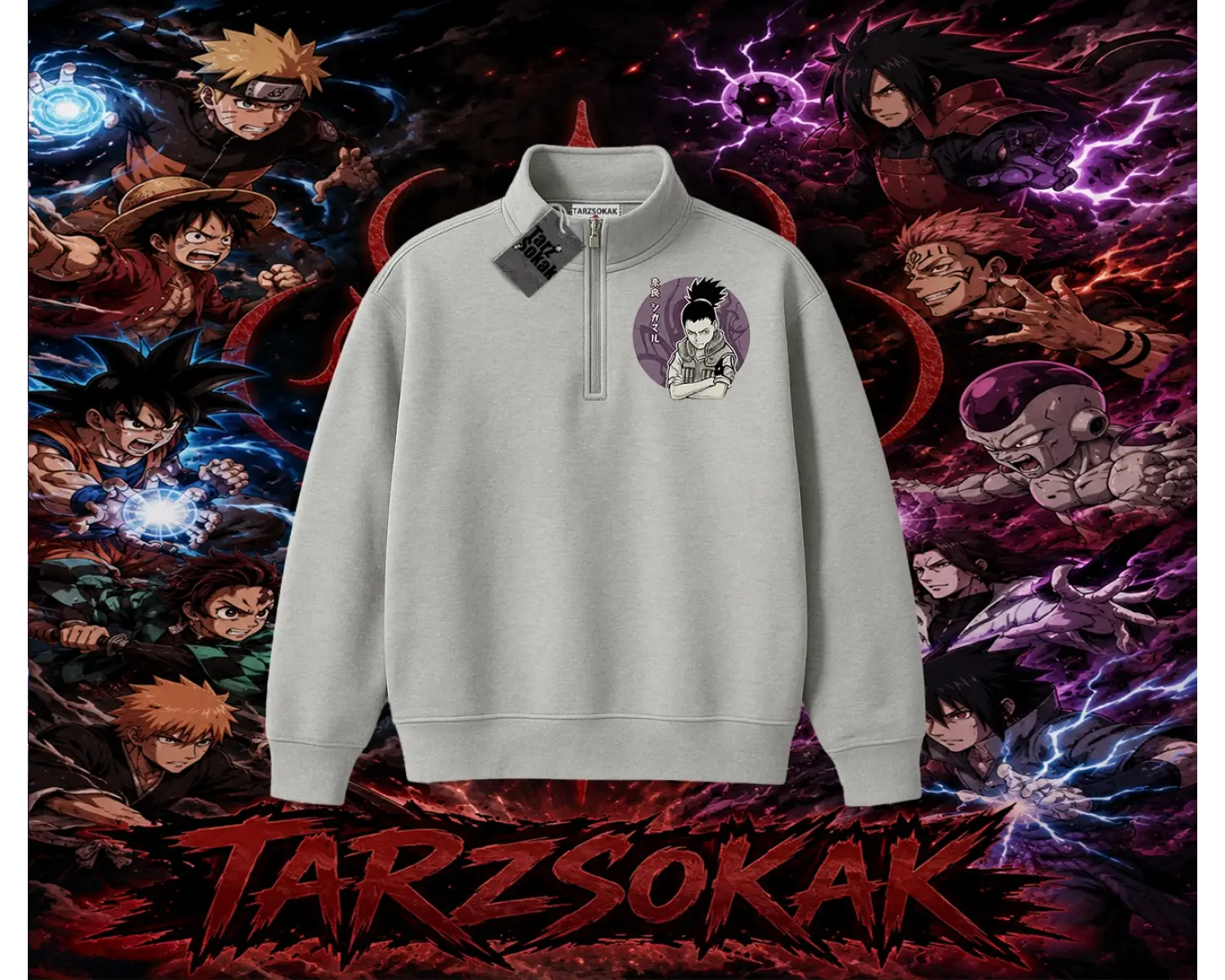 Shikamaru Nara Naruto Anime Karakter Unisex Polo Yaka Yarım Fermuarlı Sweatshirt Beyaz