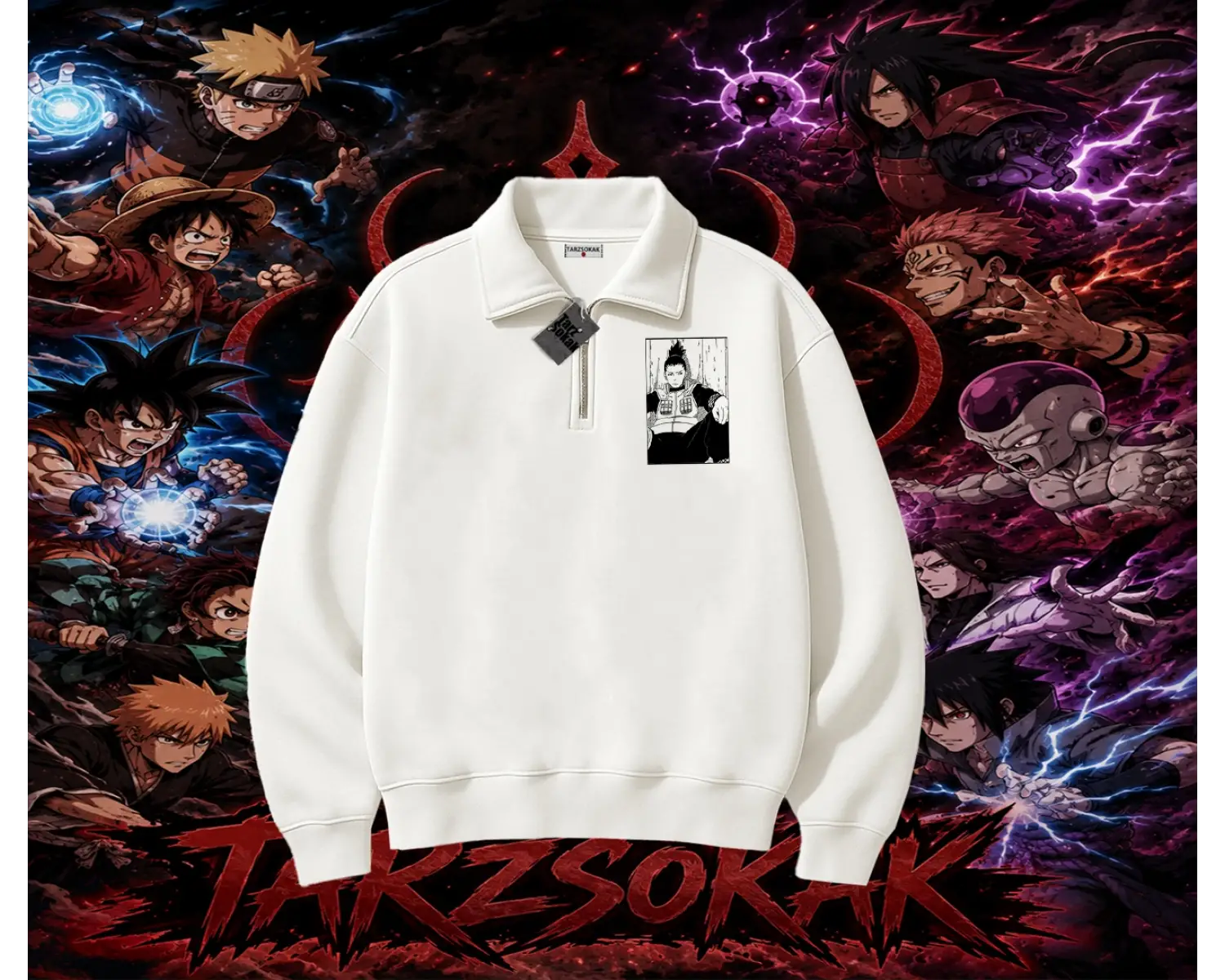 Shikamaru Nara Naruto Anime Karakter Unisex Polo Yaka Yarım Fermuarlı Sweatshirt Beyaz