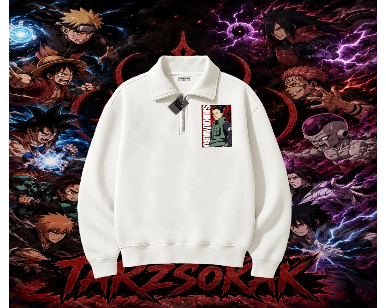 Shikamaru Nara Naruto Anime Karakter Unisex Polo Yaka Yarım Fermuarlı Sweatshirt Beyaz