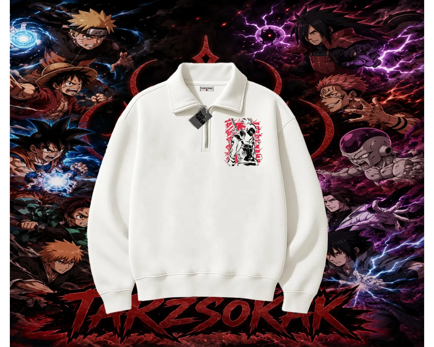Shikamaru Nara Naruto Anime Karakter Unisex Polo Yaka Yarım Fermuarlı Sweatshirt Beyaz