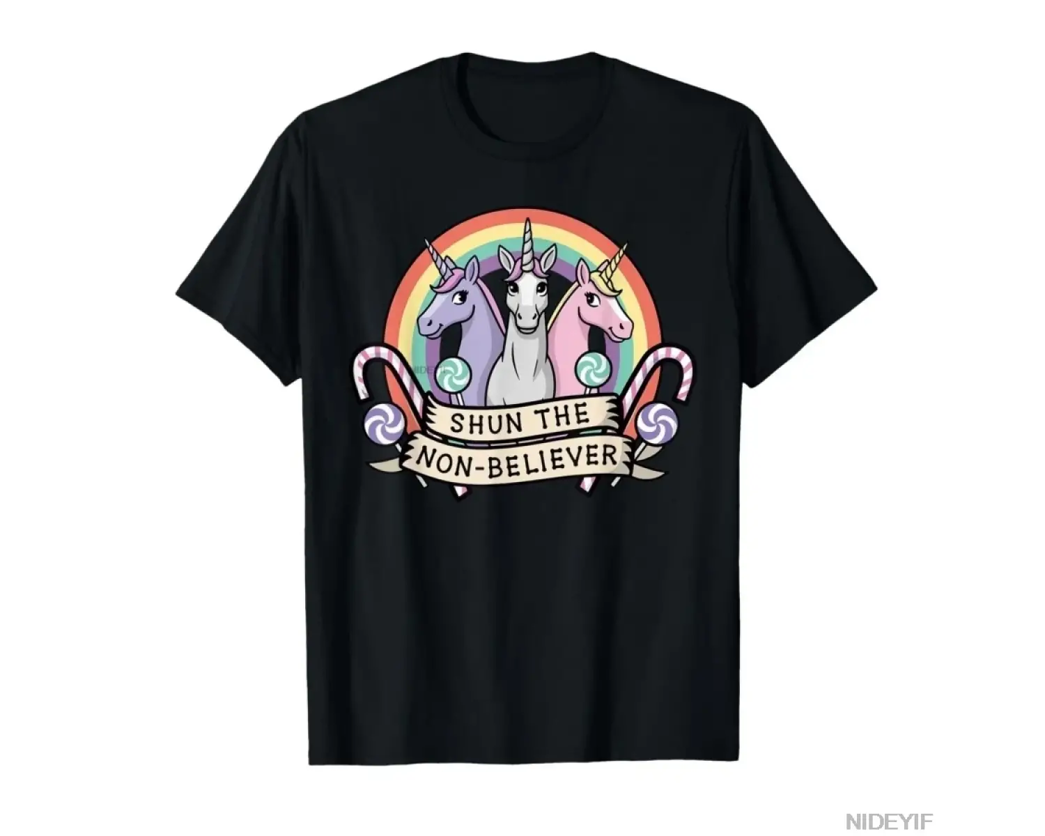 Shun The Non-Believer Komik Unicorn Meme Mizah T-shirt Erkekler Kadınlar Için % 100% Pamuk T