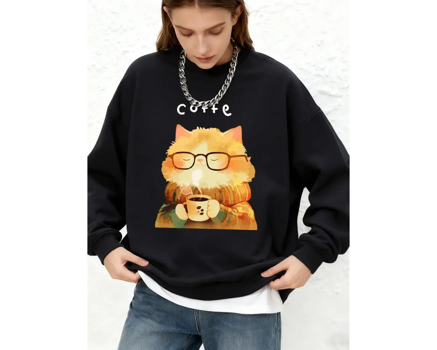 Sıcak bir kedi kahve içiyor baskılı kazak kadın rahat sıcak uzun kollu kapüşonlu üst Jogger o