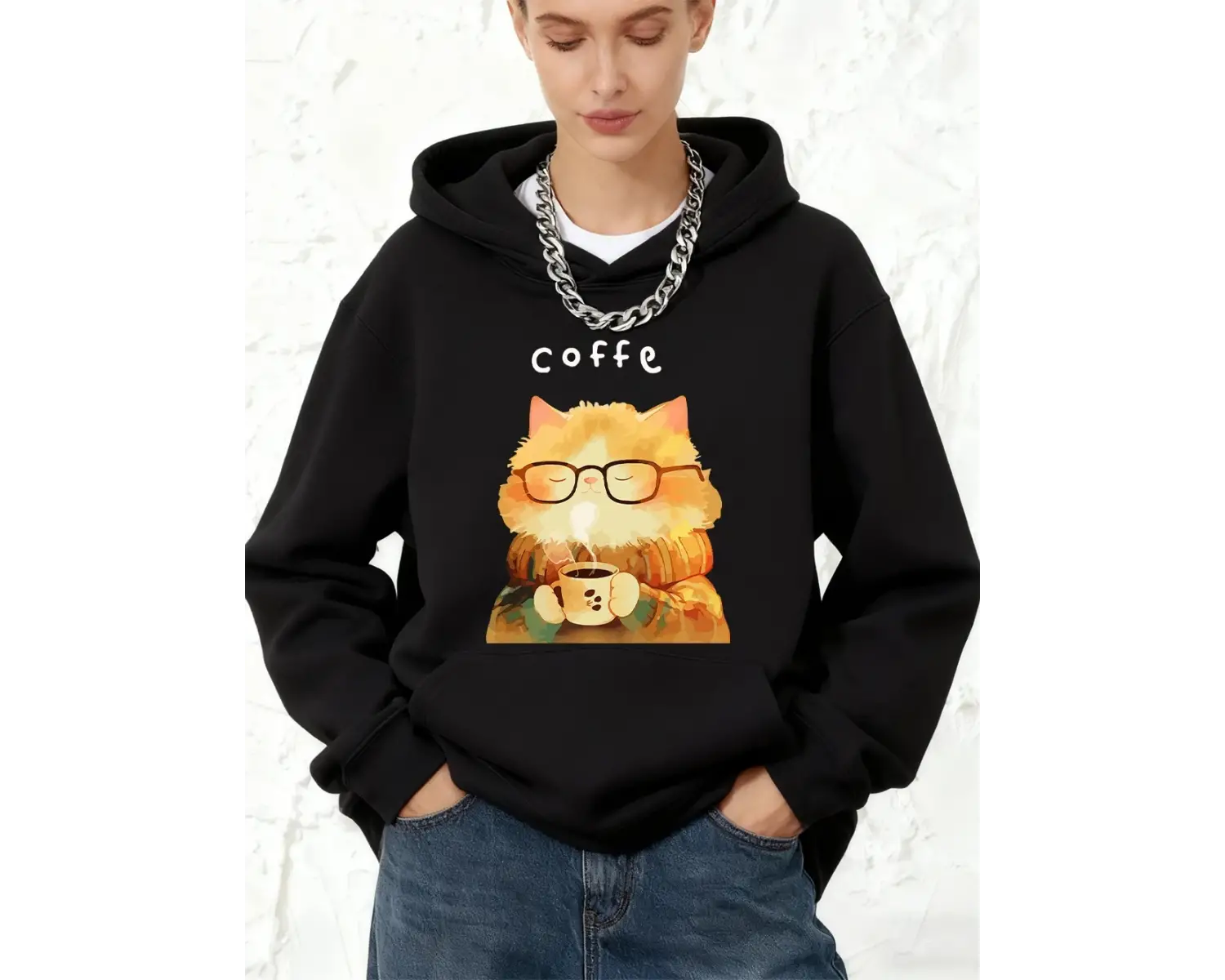 Sıcak Bir Kedi Kahve İçiyor Baskılı Pamuklu Kapüşonlu Üstler Kadınlar İçin Sportif Bol Sweats