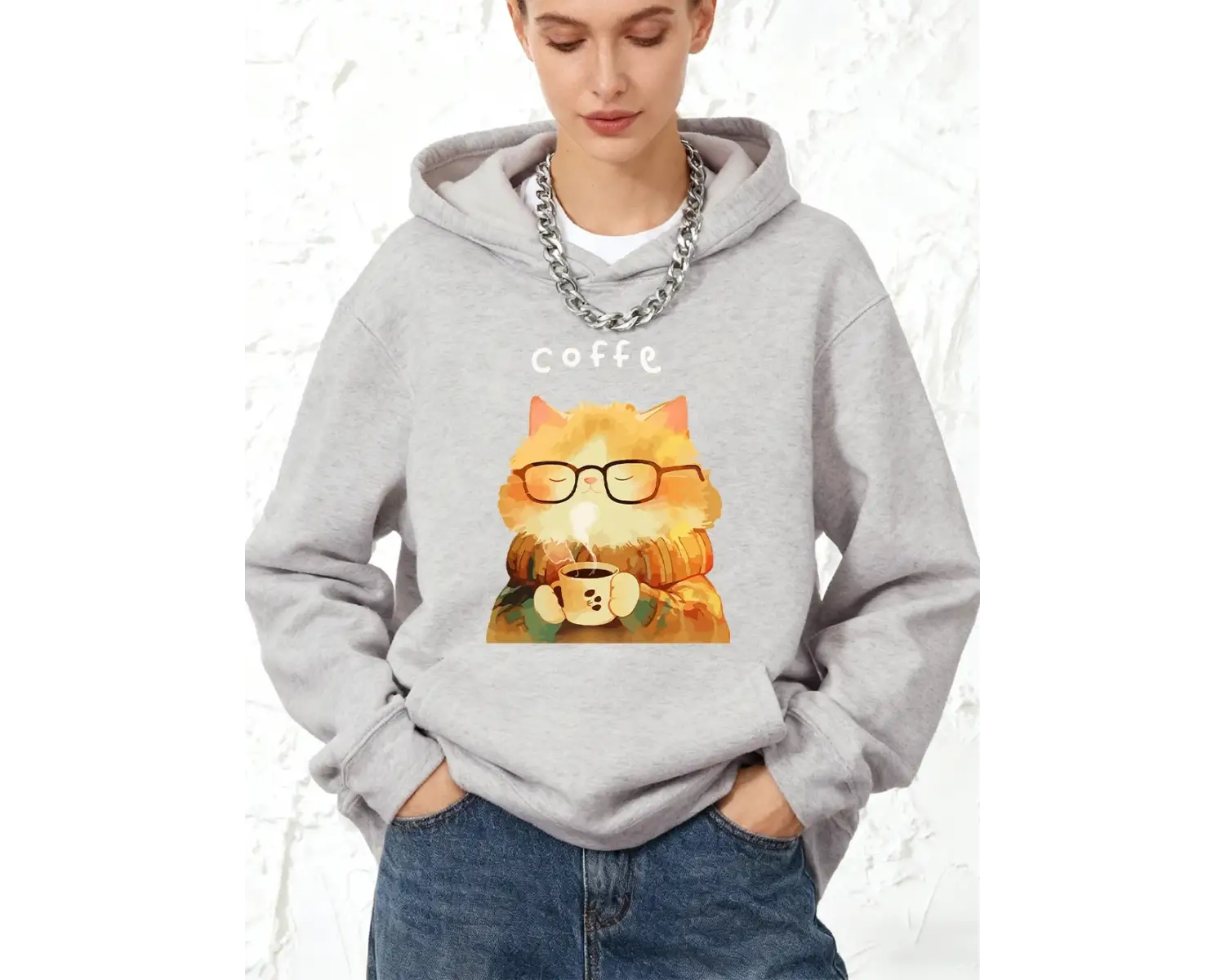 Sıcak Bir Kedi Kahve İçiyor Baskılı Pamuklu Kapüşonlu Üstler Kadınlar İçin Sportif Bol Sweats