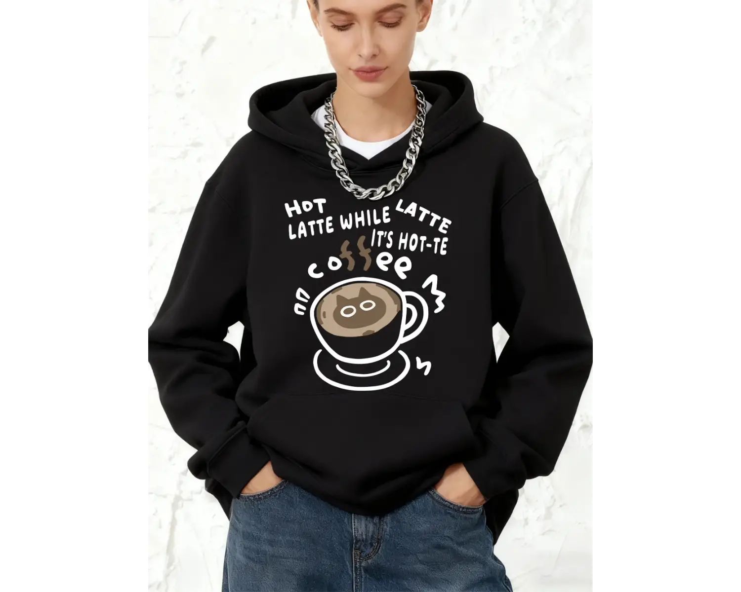 Sıcak Latte Kedi Baskılı Kapüşonlu Sweatshirt Pamuklu Kadın Sportif Bol Sweatshirt Kışlık Pol