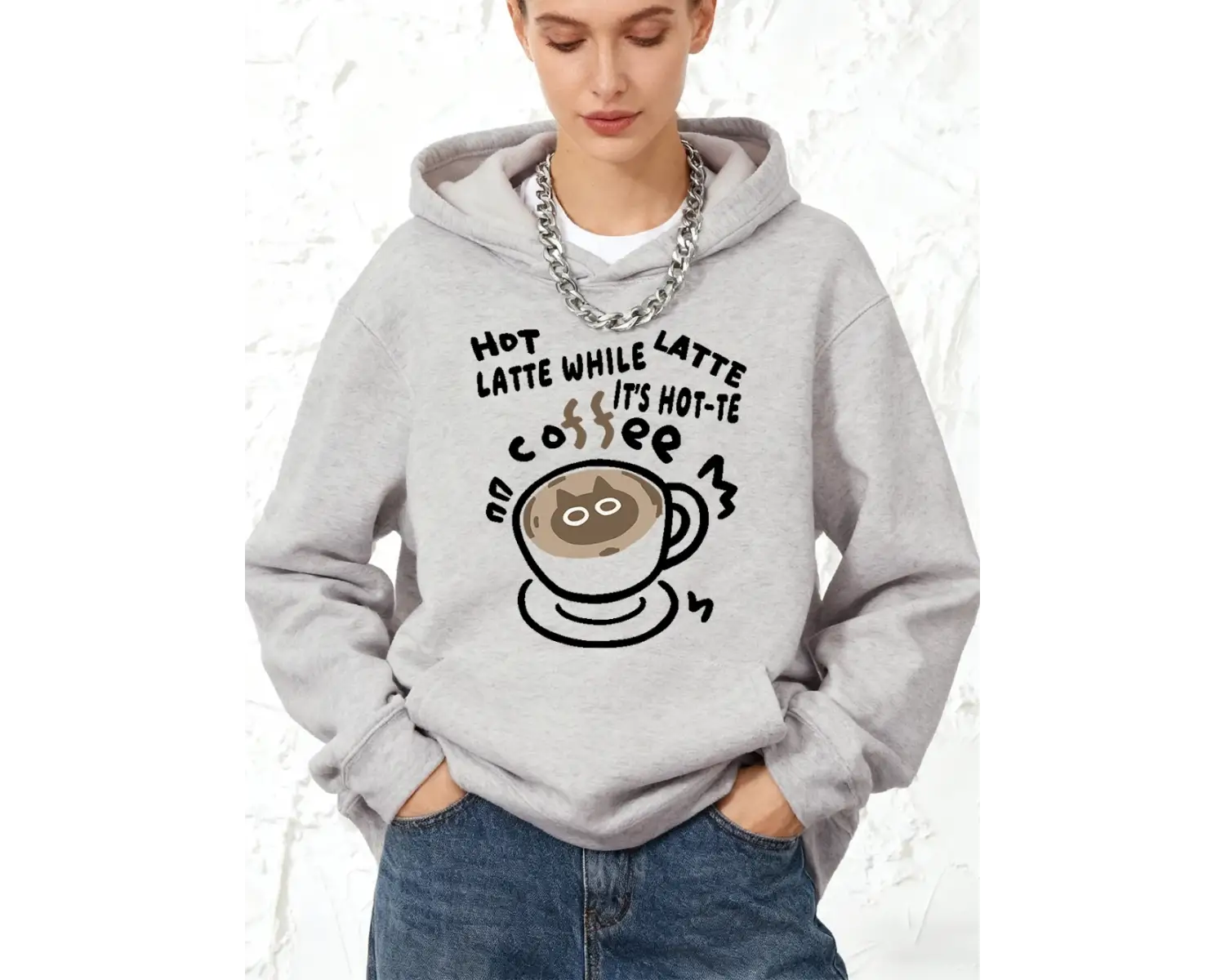 Sıcak Latte Kedi Baskılı Kapüşonlu Sweatshirt Pamuklu Kadın Sportif Bol Sweatshirt Kışlık Pol
