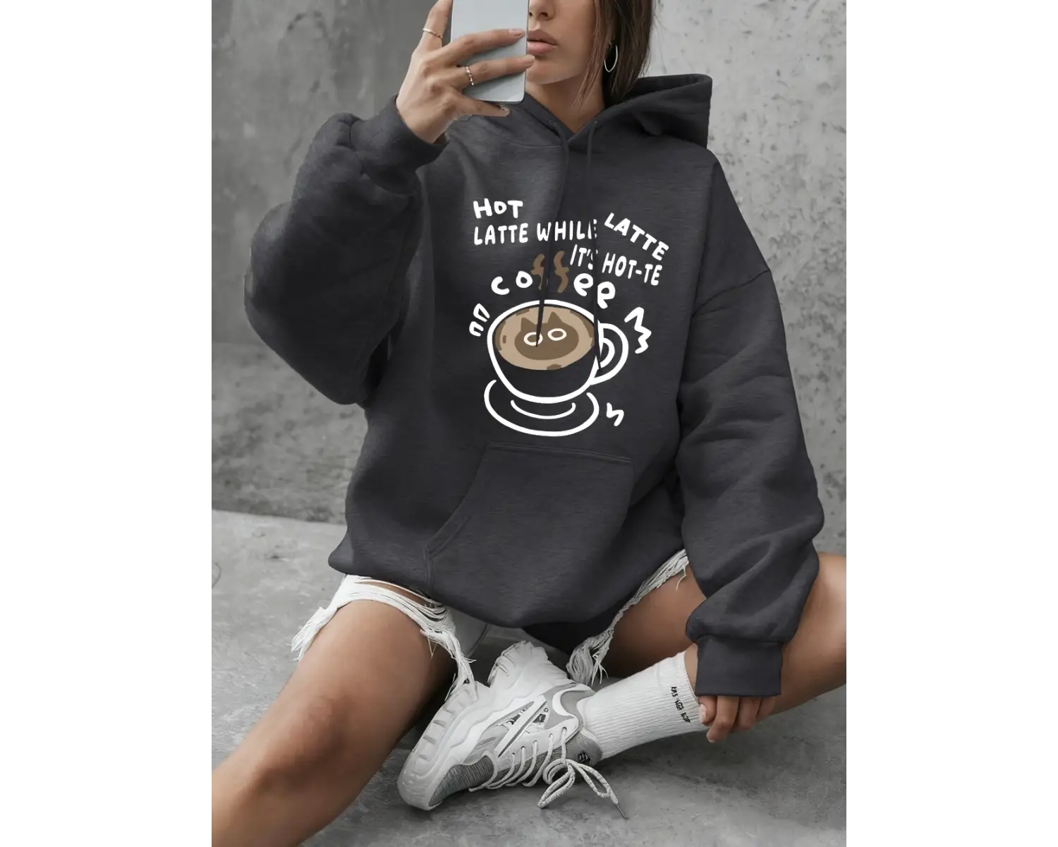 Sıcak Latte Kedi Baskılı Sweatshirtler Kadınlar İçin Günlük Bol Kapüşonlu Üstler Kışlık Polar