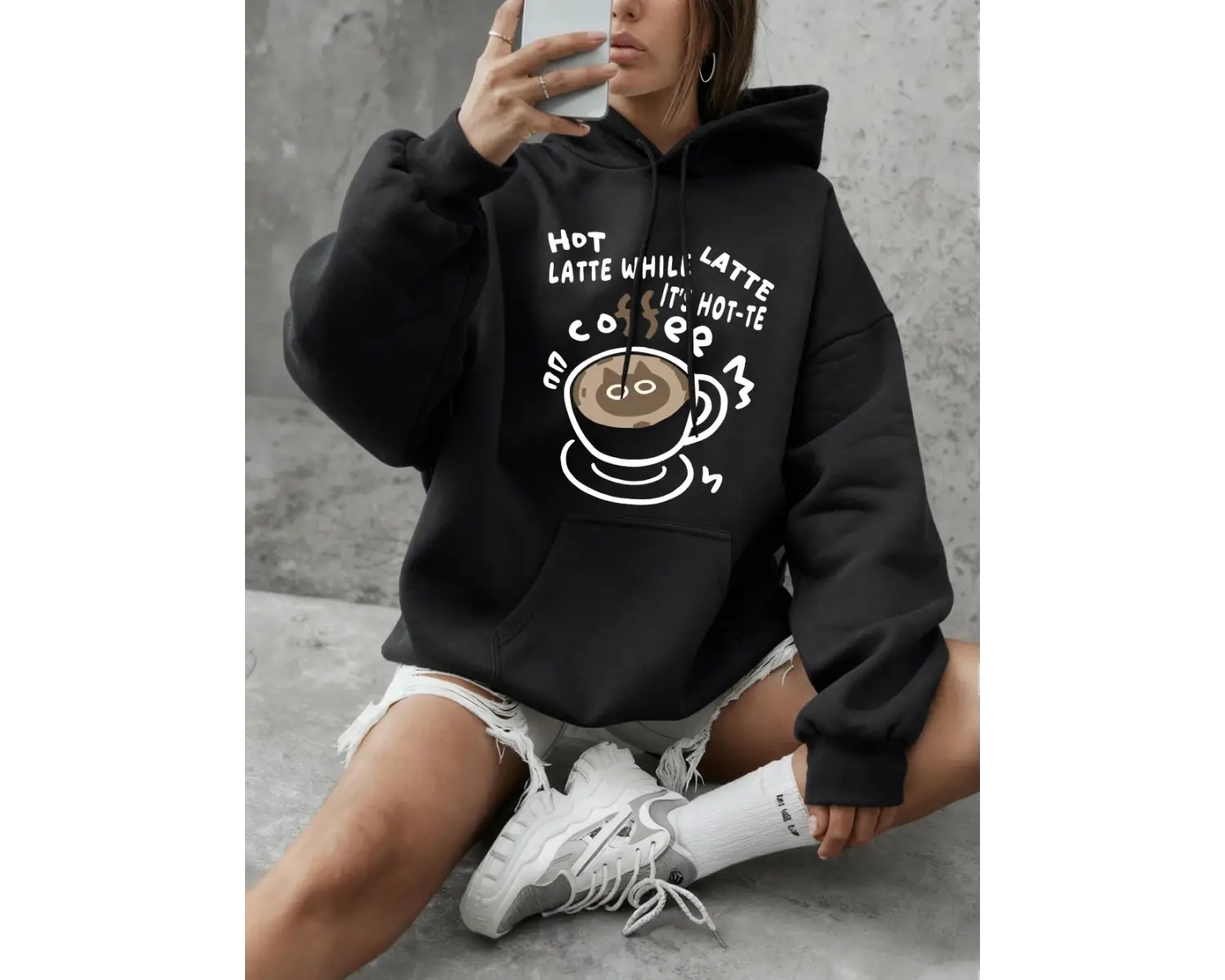 Sıcak Latte Kedi Baskılı Sweatshirtler Kadınlar İçin Günlük Bol Kapüşonlu Üstler Kışlık Polar