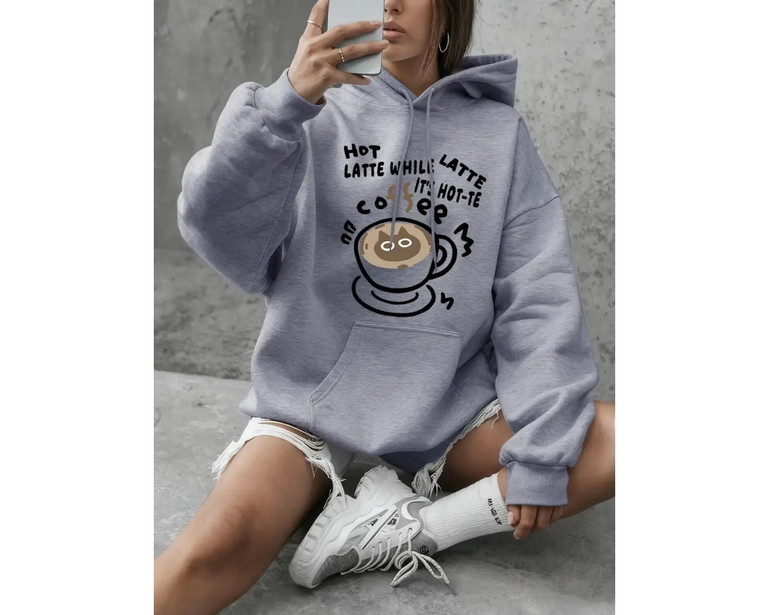 Sıcak Latte Kedi Baskılı Sweatshirtler Kadınlar İçin Günlük Bol Kapüşonlu Üstler Kışlık Polar