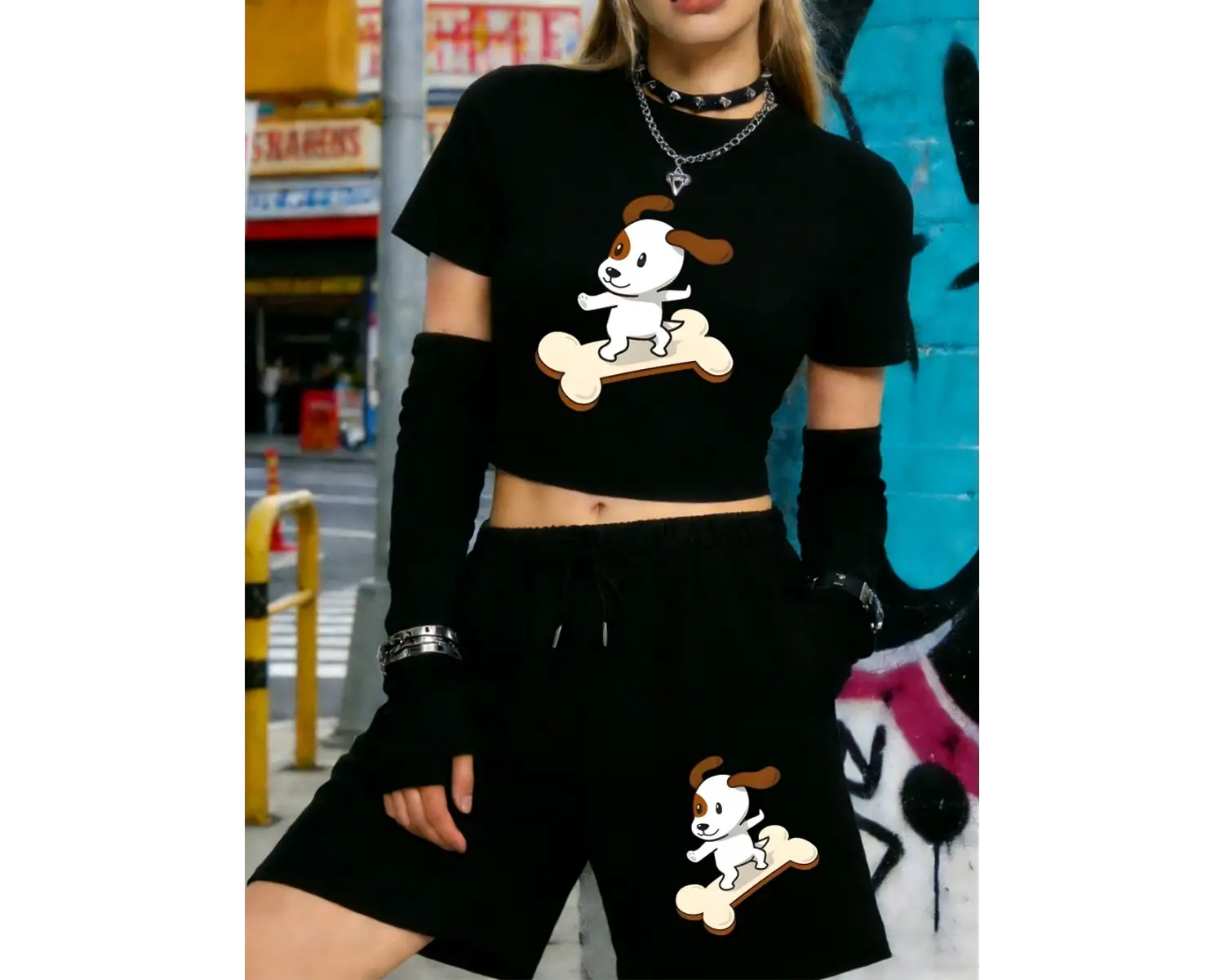 Sıcak Tatlı Çizgi Film Köpek Baskılı Babby TeeTişört Şort Kadın Yazlık İki Parça Takım Diz Boyu P