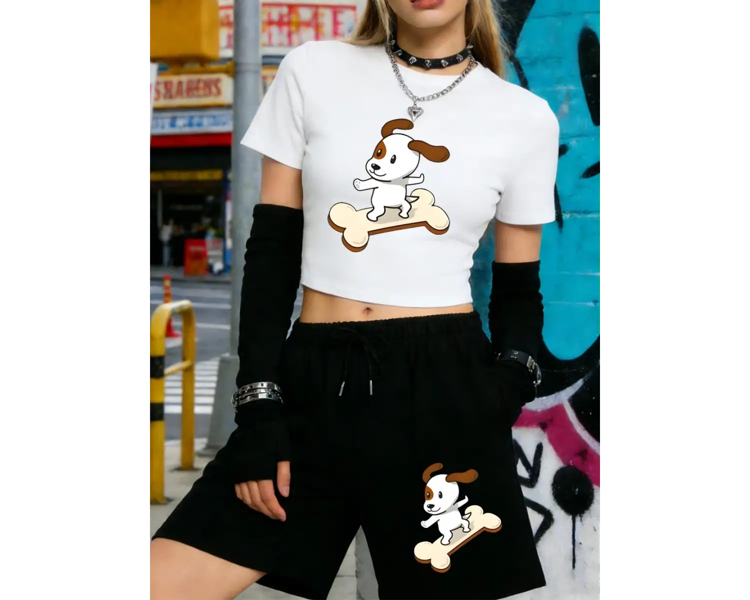 Sıcak Tatlı Çizgi Film Köpek Baskılı Babby TeeTişört Şort Kadın Yazlık İki Parça Takım Diz Boyu P