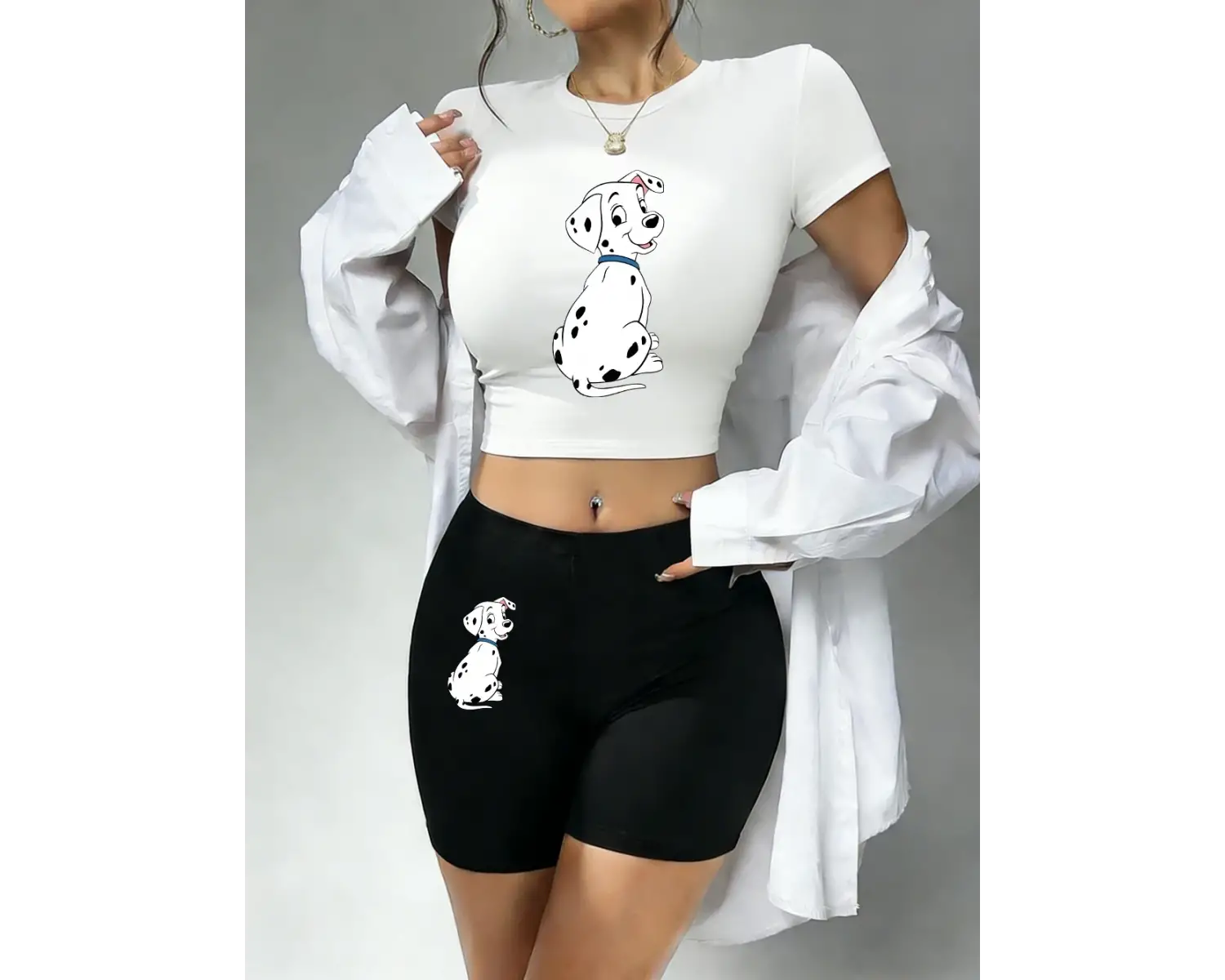 Sıcak Tatlı Dalmaçyalı Köpek Baskılı Kırpma Üstleri Şort Kadın Yaz Iki Parçalı Set T-Shirt Pa