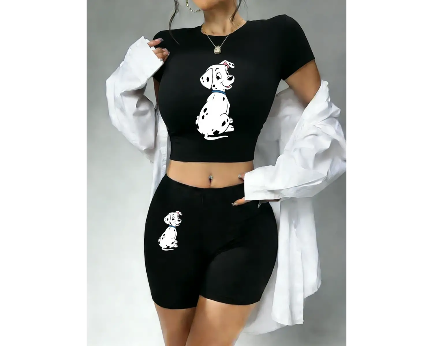 Sıcak Tatlı Dalmaçyalı Köpek Baskılı Kırpma Üstleri Şort Kadın Yaz Iki Parçalı Set T-Shirt Pa