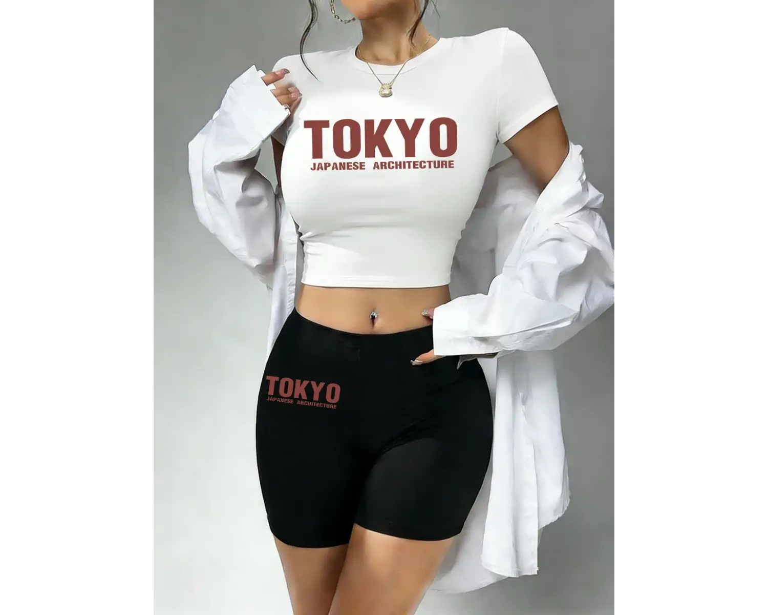 Sıcak Tatlı Japon Tokyo Harfli Baskılı Babby Tee ve Şort Kadın İki Parça Takım Tişört Yüksek E