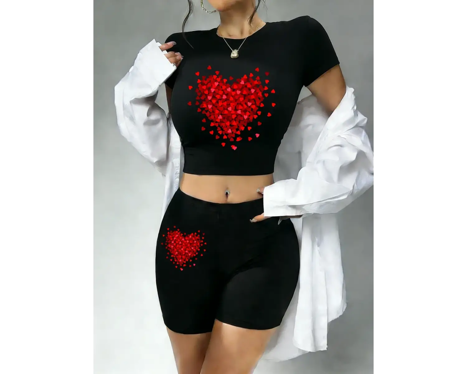 Sıcak Tatlı Kırmızı Kalp Grafik Baskılı Babby Tee Şort Kadın İki Parça Takım Tişört Pantolon D