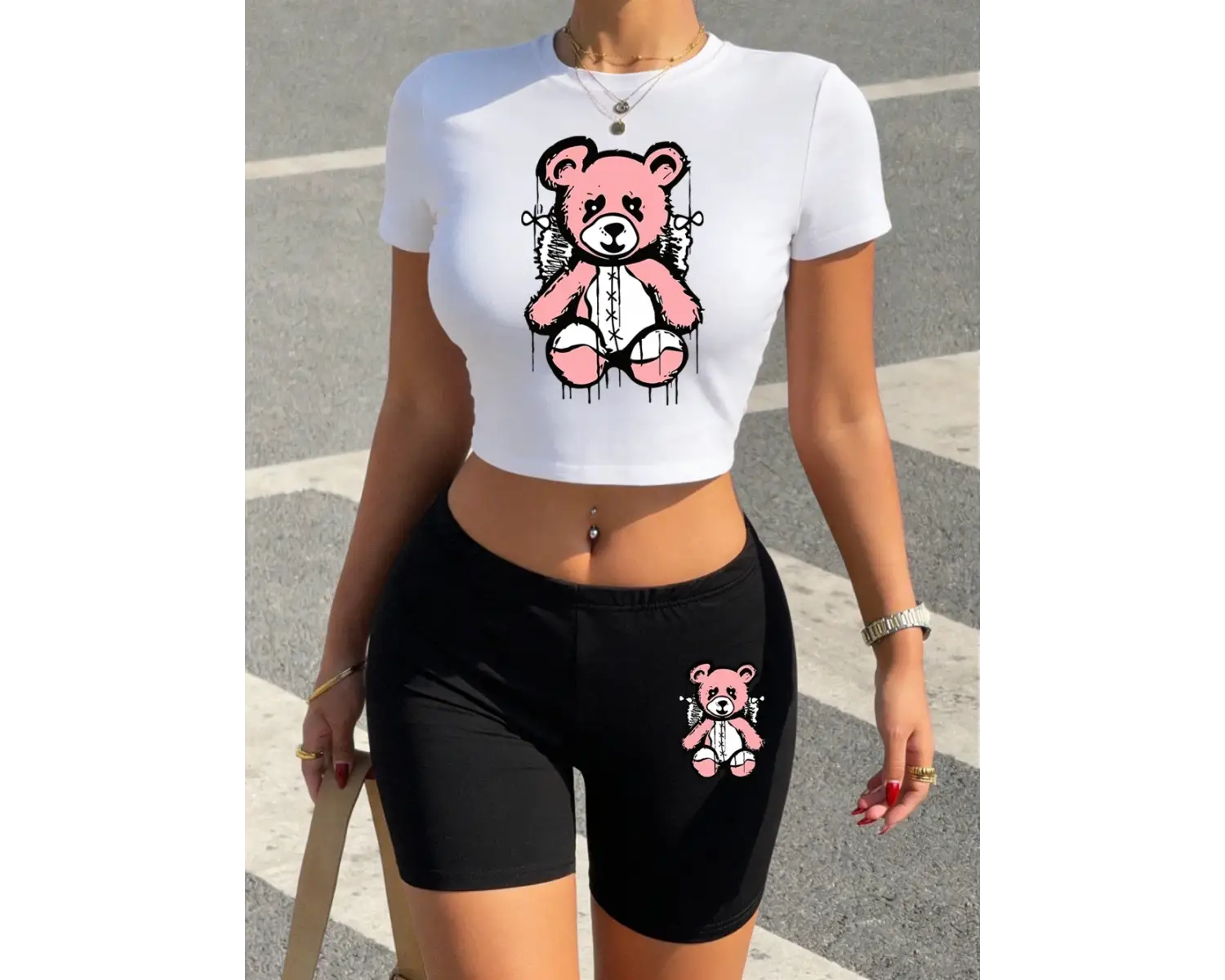 Sıcak Tatlı Sevimli Ayı Dinlenmeye Hazırlanan Baskılı Babby Teelar Şortlar Kadın İki Parçalı S