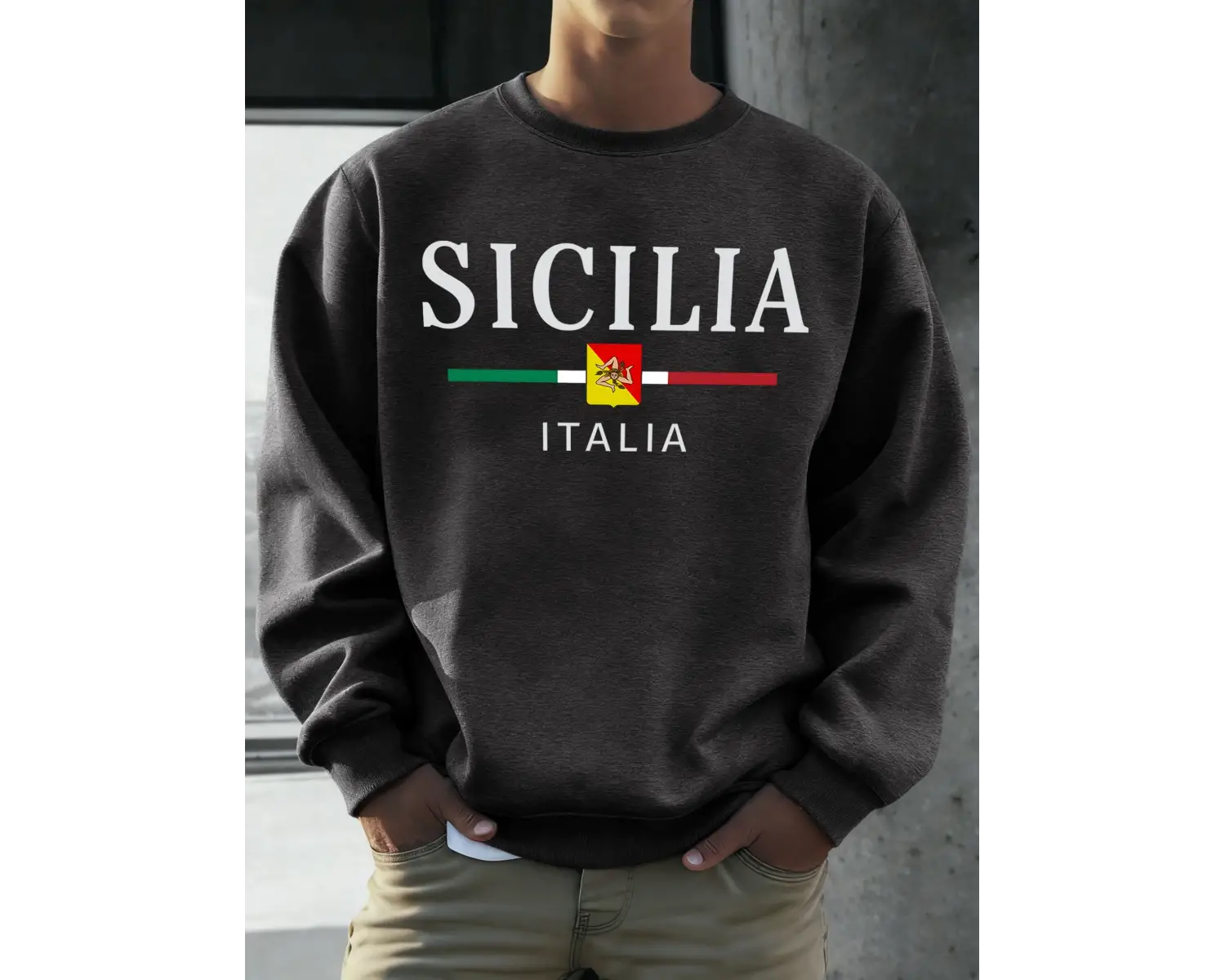 Sicilia İtalya Bayrağı Baskılı Kazak Adam O-Boyun Yumuşak Gevşek Sokak Şıklığı Rahat Polar Ho