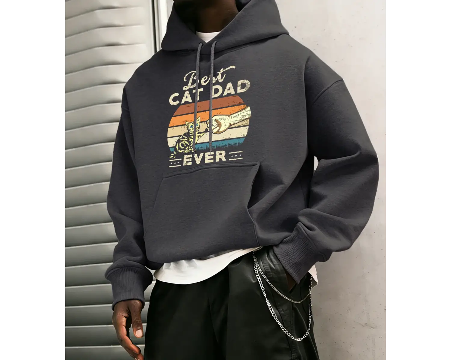 Şimdiye Kadarki En İyi Kedi Babası Kediler Baskılı Erkek Kapüşonlu Ceket Cepli Polar Uzun Kol