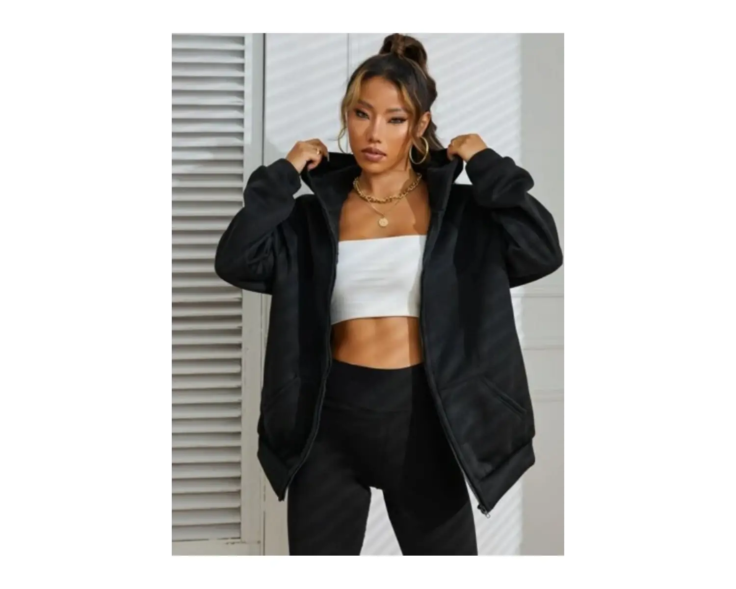 Siyah 2 ip Örme Kumaş Kapüşonlu Fermuarlı Sweatshirt