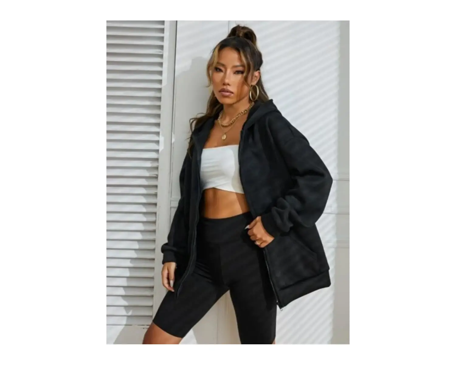 Siyah 2 ip Örme Kumaş Kapüşonlu Fermuarlı Sweatshirt