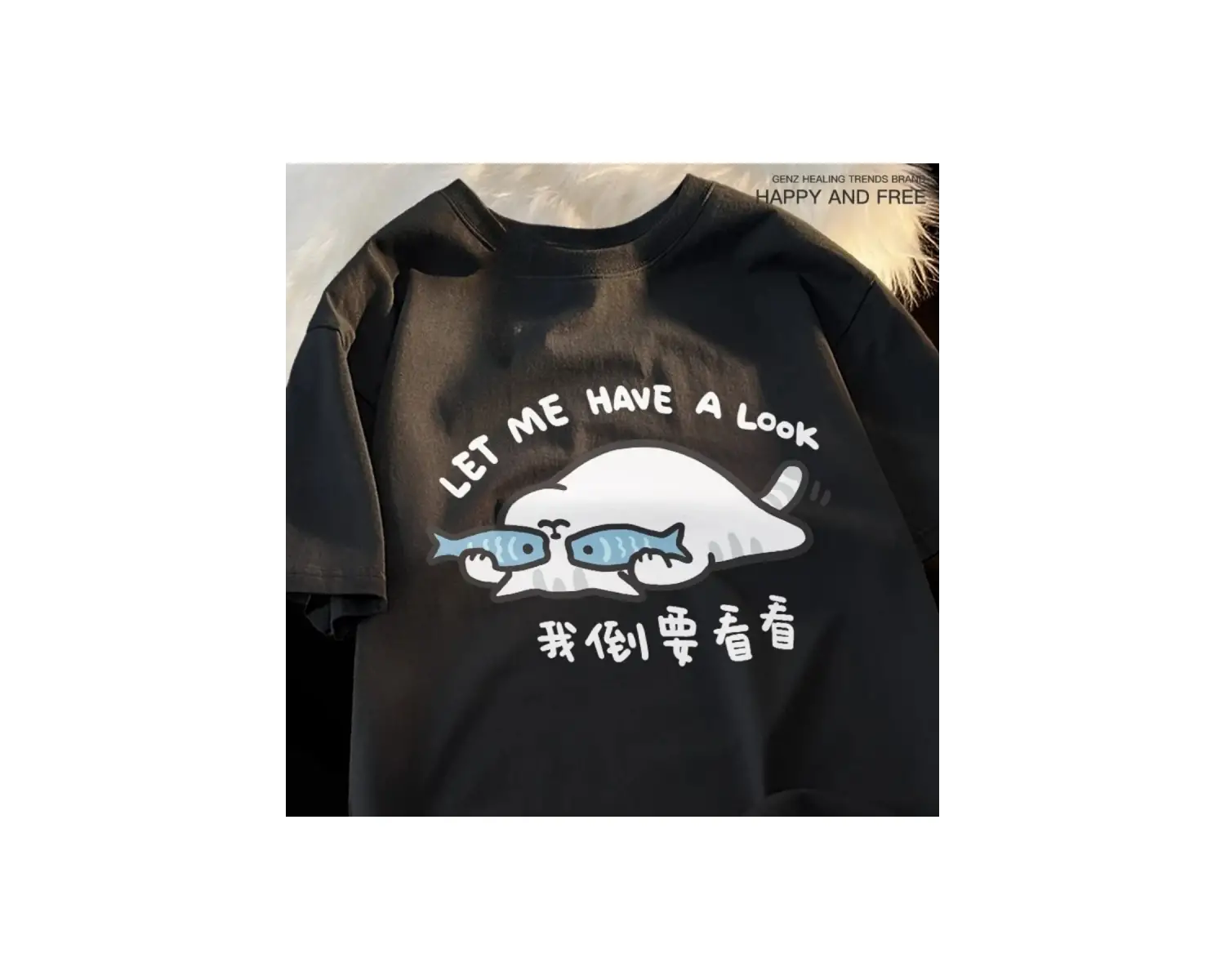 Siyah Eğlenceli ve Sevimli Kedi ve Köpek Desen Gevşek Tshirt Vintage Üst FemaleT-Shir