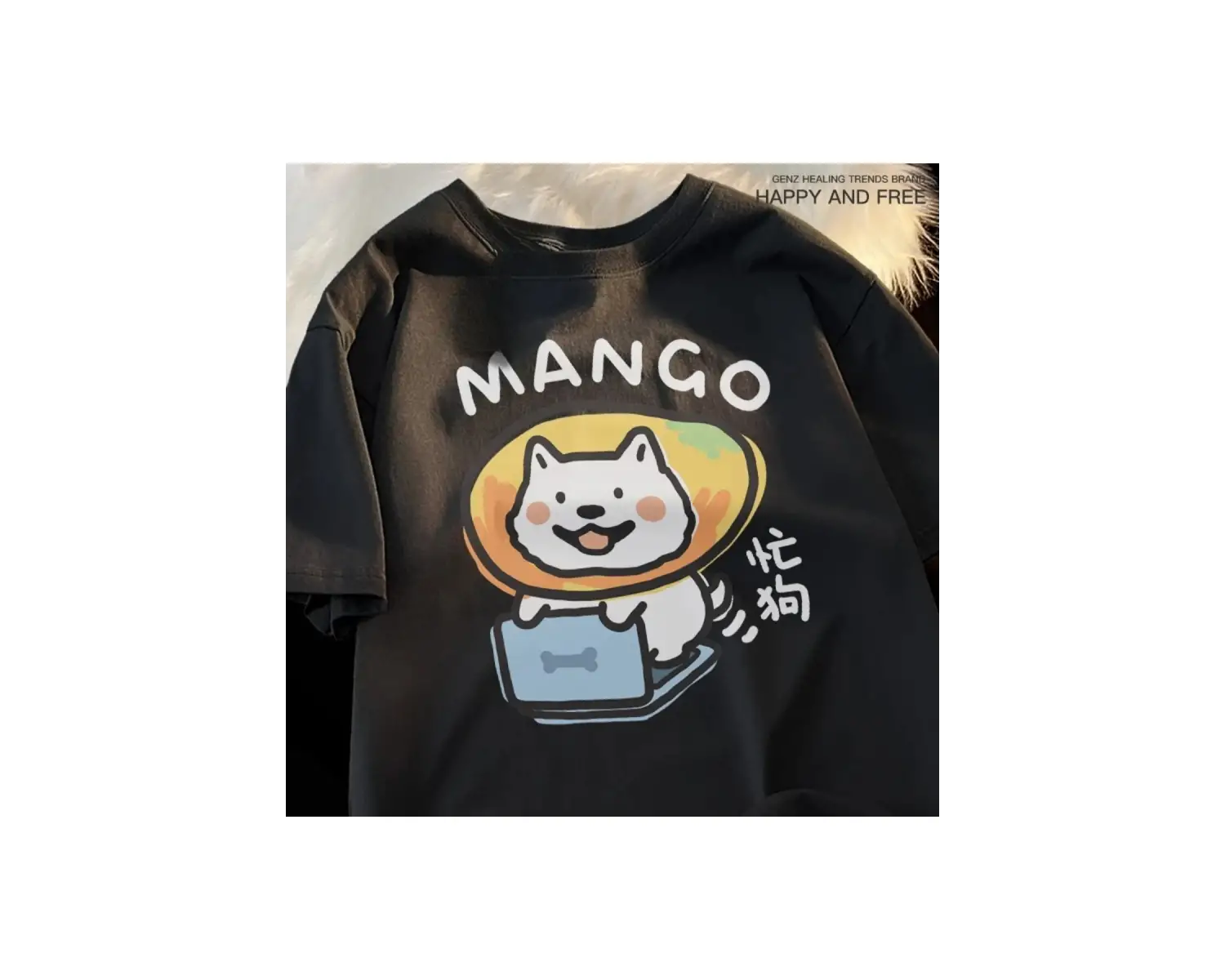 Siyah Eğlenceli ve Sevimli Kedi ve Köpek Desen Gevşek Tshirt Vintage Üst FemaleT-Shir